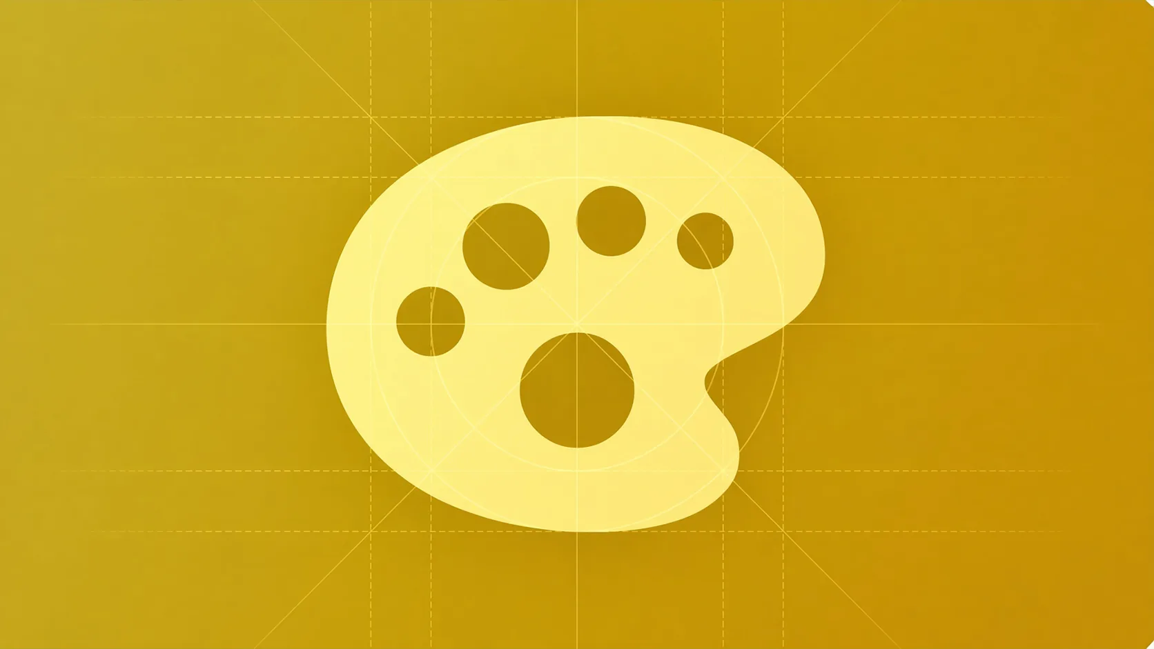 A pale yellow artist's palette with five round thumb holes, centred on a gold background crossed by faint dashed alignment guides and circles.