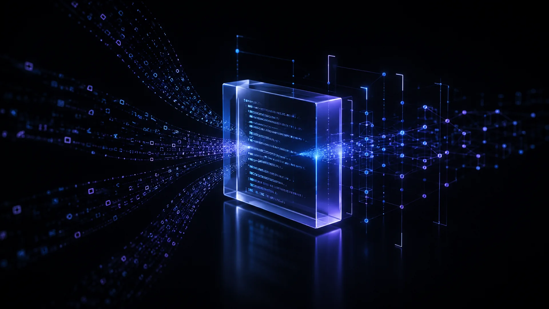 Deep black frame lit in electric blue and violet, a glass slab of unreadable code centered, particle streams left, wireframe grid right.