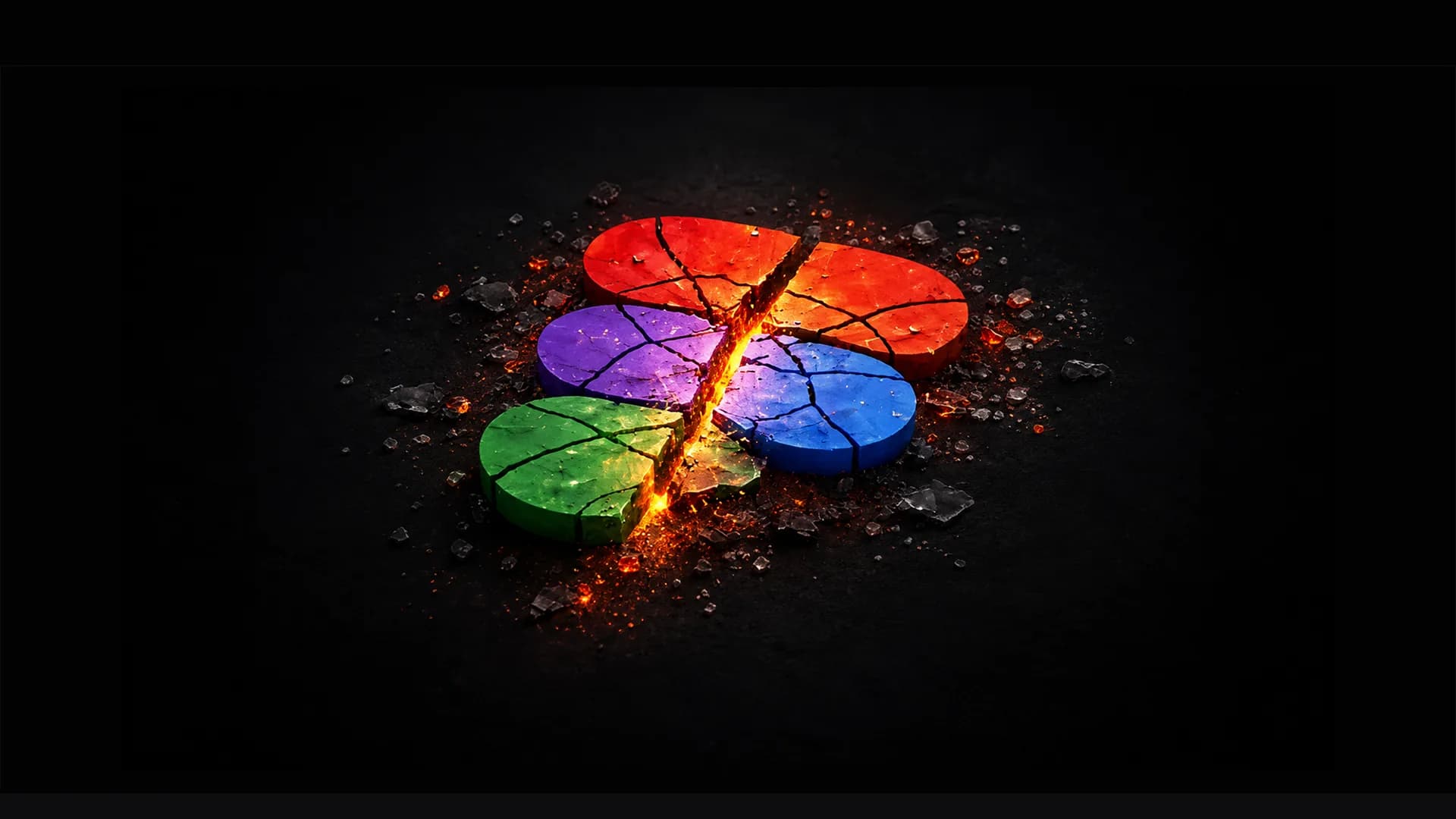 A four piece logo made of red, purple, green and blue stone slabs lies cracked on dark ground, split by a glowing molten orange fissure with embers and debris scattered around.