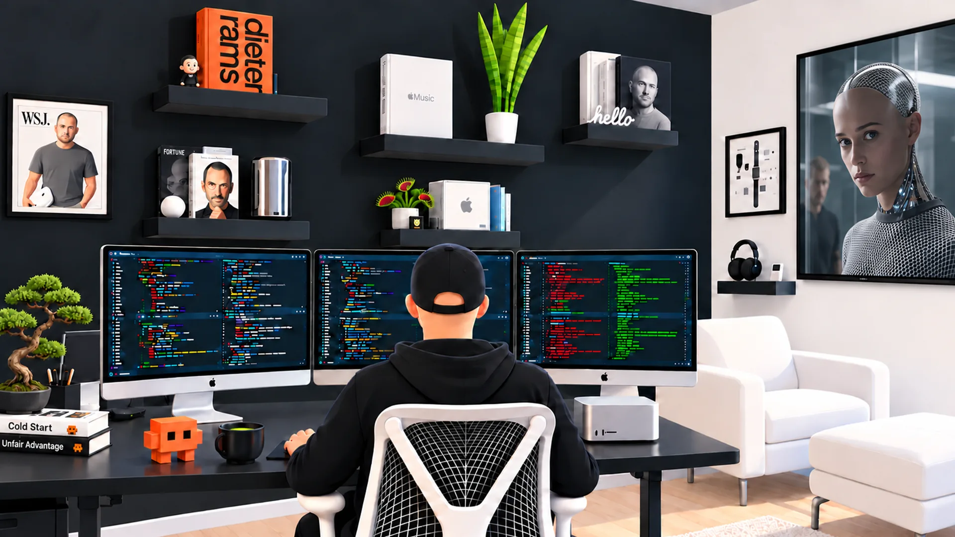 A person in a black cap and hoodie, seen from behind, at three code-filled monitors in a dark-walled office of shelved books and plants.