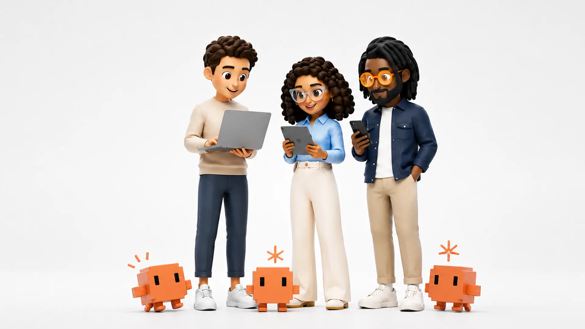 Three stylized 3D cartoon people stand against white, holding a laptop, a tablet and a phone, with three small orange pixel robots and orange asterisk sparks at their feet.