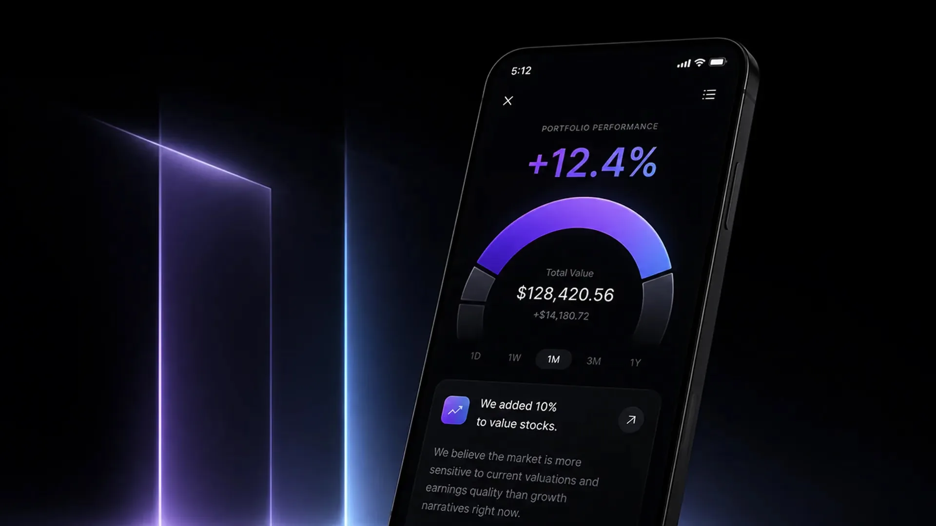 A tilted dark phone showing a portfolio screen with a violet arc gauge, plus 12.4 percent, a total value of $128,420.56 and a short note card.