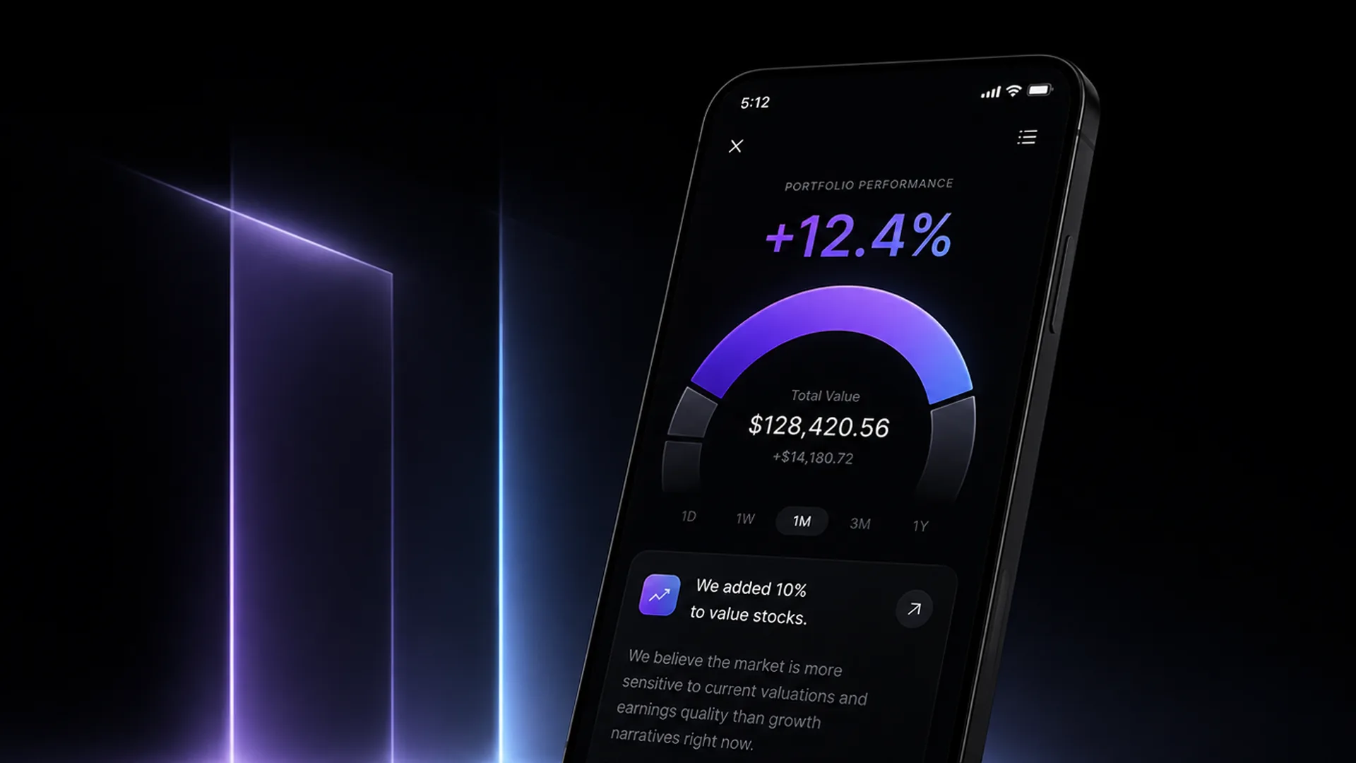 A phone tilted against purple and blue light beams shows "PORTFOLIO PERFORMANCE", "+12.4%", a gradient arc gauge, "Total Value $128,420.56", range tabs 1D to 1Y, and a card reading "We added 10% to value stocks."