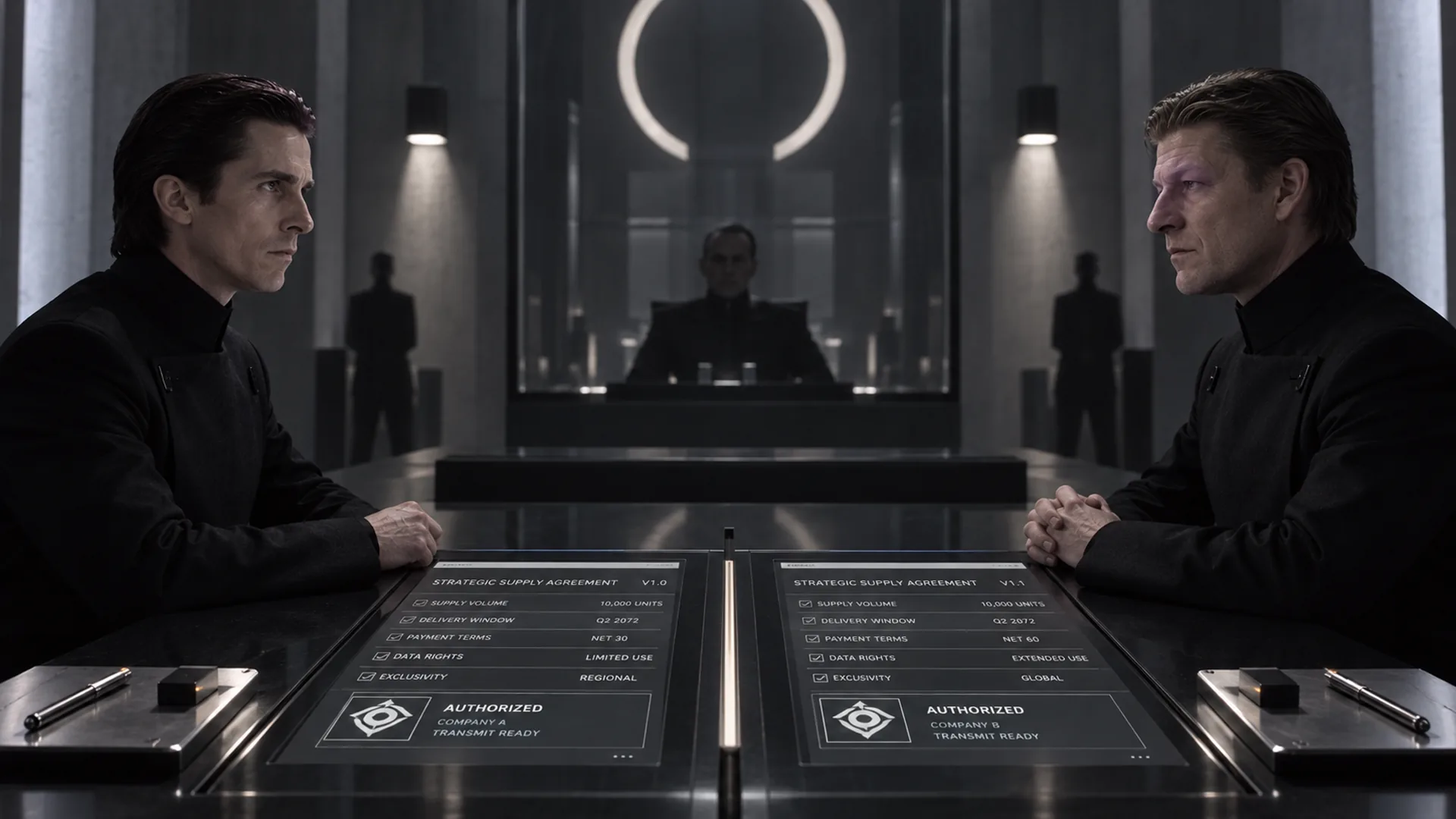 Two men in dark jackets sit at a table with glowing tablets showing a signed supply agreement contract on each side.