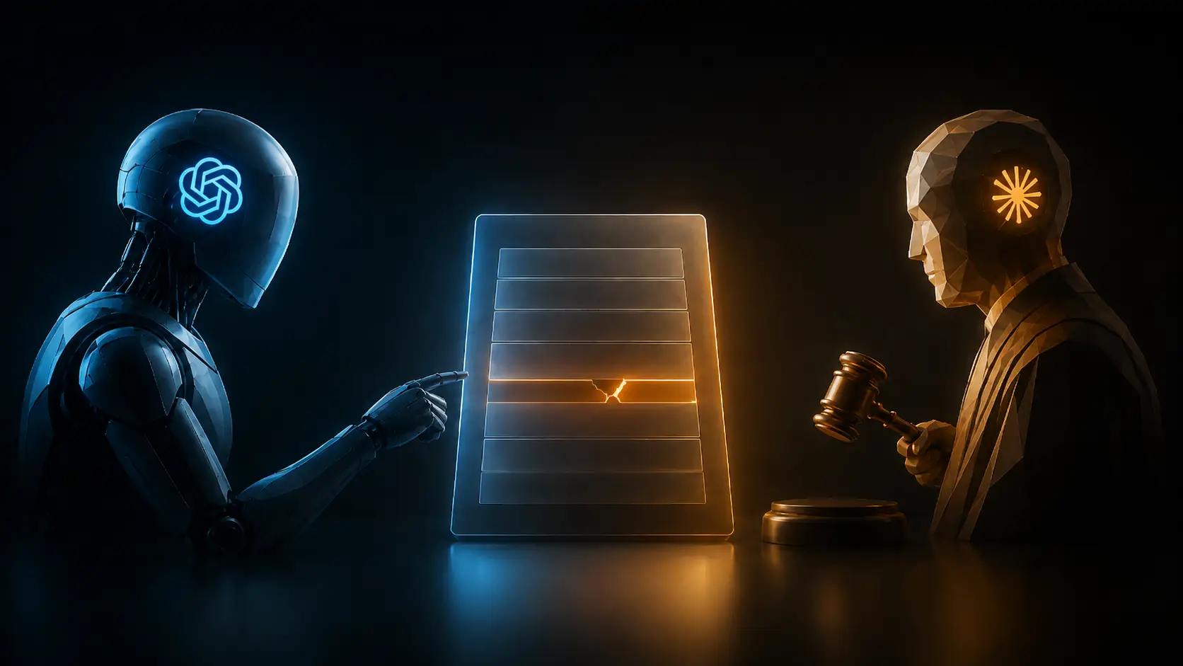 A blue machine bearing the OpenAI mark points at a fracture in one line of a glowing document while a gold robed figure marked with the Anthropic star lifts a gavel across the table