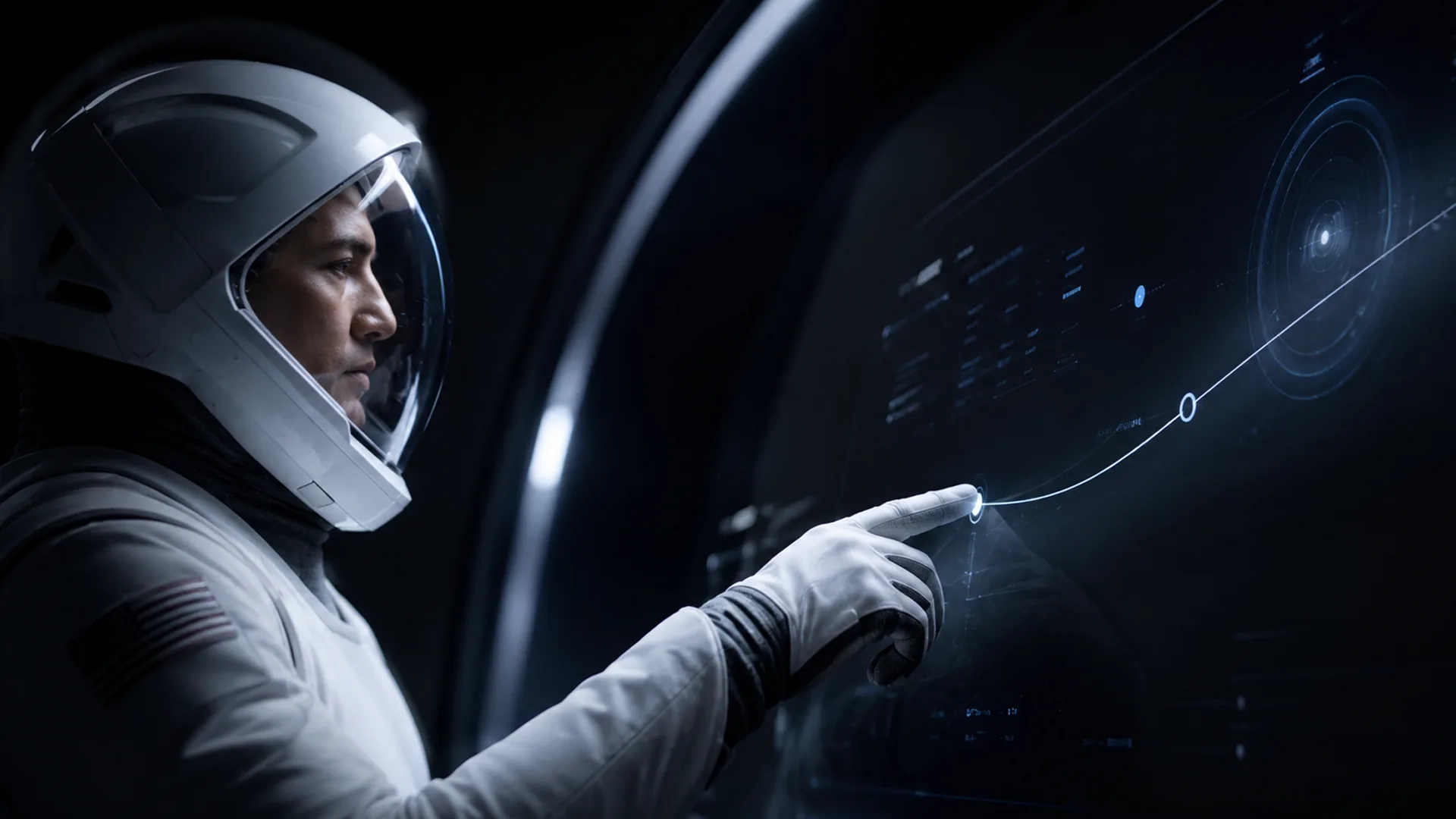 An astronaut in a white helmet and suit, a United States flag on the shoulder, reaches a gloved finger to a dark curved display where a faint blue line curves up to a glowing node.