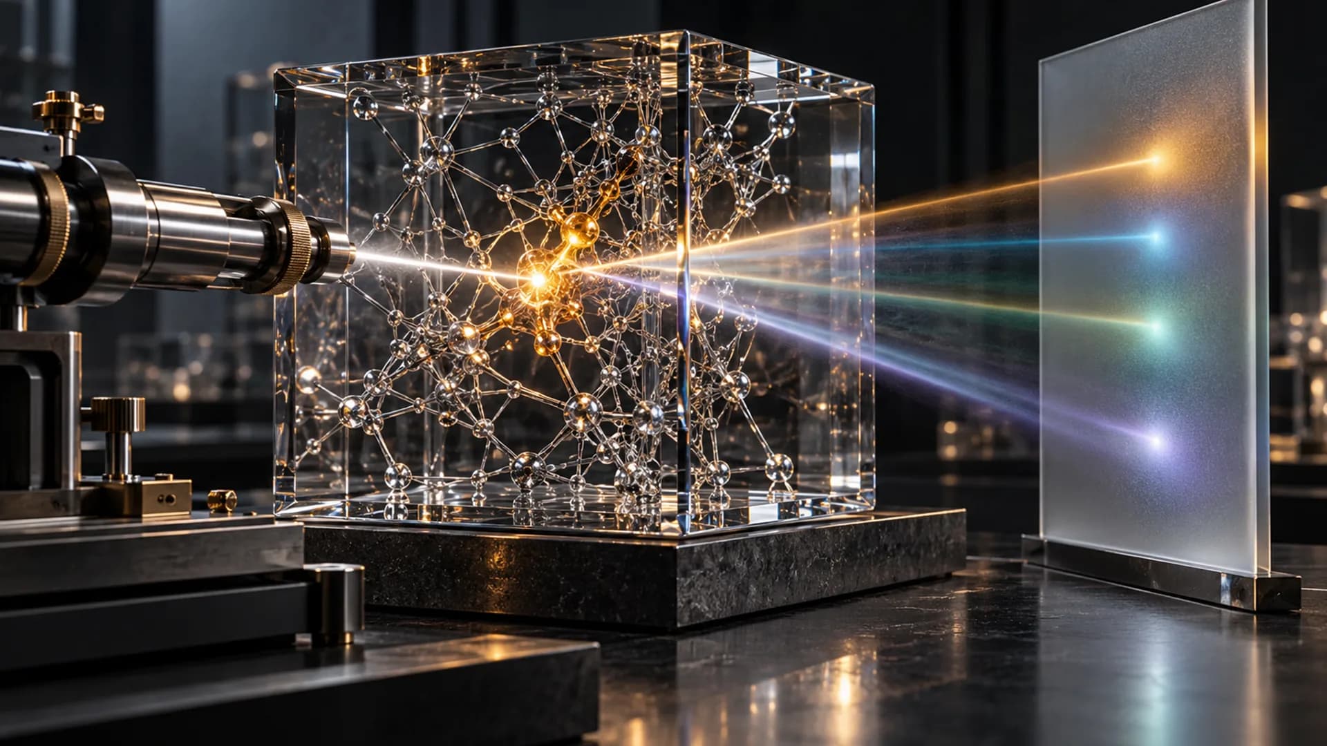 A glowing beam from a metal instrument passes through a glass cube holding a molecular lattice, then splits into colored rays on a frosted glass panel.