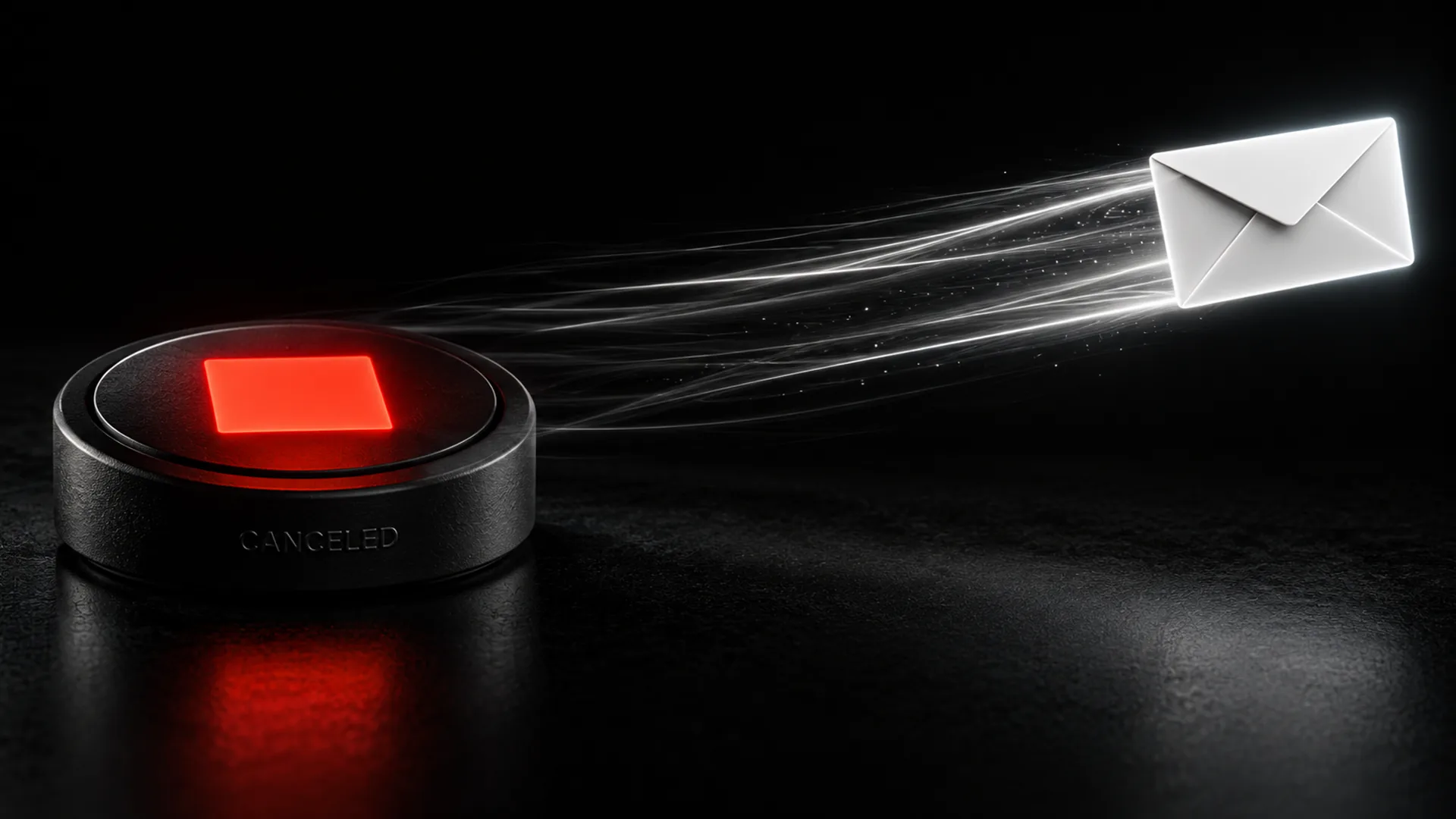 A glowing red square on a black circular button labeled "CANCELED" sits on a dark reflective surface, while a white envelope streaks away to the upper right, trailing light.