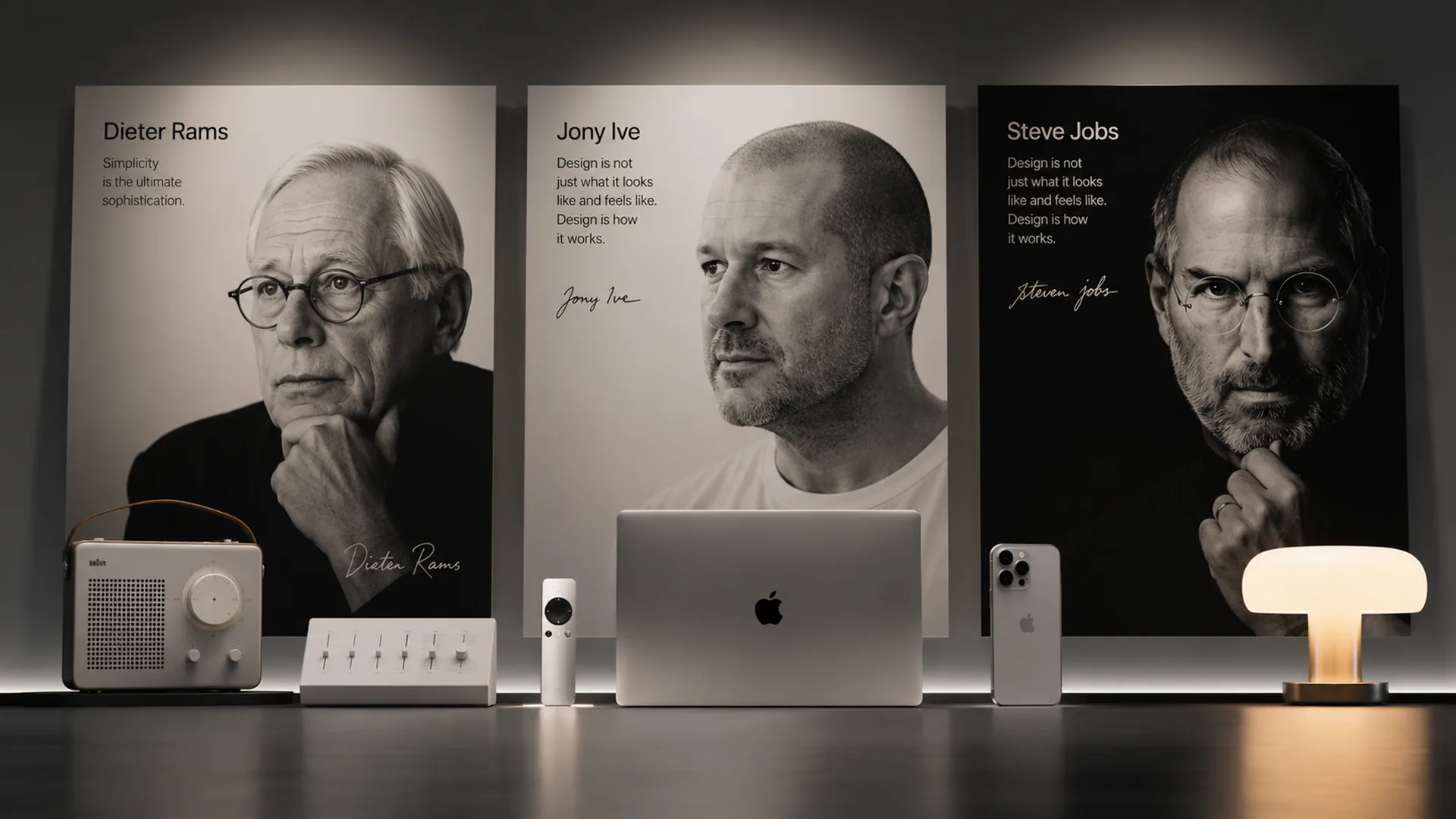 Three black and white portrait posters labeled "Dieter Rams", "Jony Ive" and "Steve Jobs", each with a quote and signature. Below them sit a Braun radio, a fader panel, a MacBook, an iPhone and a glowing lamp.