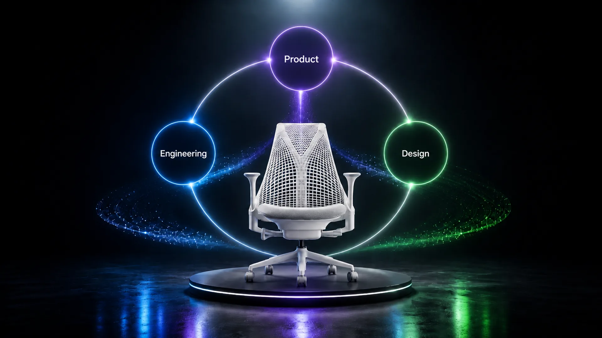 An empty white mesh office chair on a lit black platform, ringed by three glowing circles labeled "Engineering", "Product" and "Design" in blue, purple and green against a dark reflective floor.