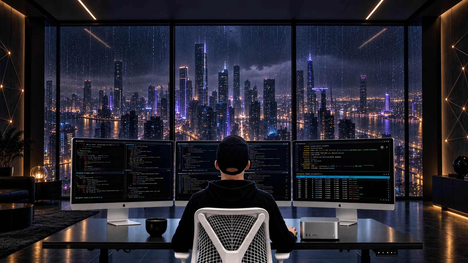 A person in a black hoodie and cap sits before three monitors of code, facing a rain-streaked window over a lit city at night.