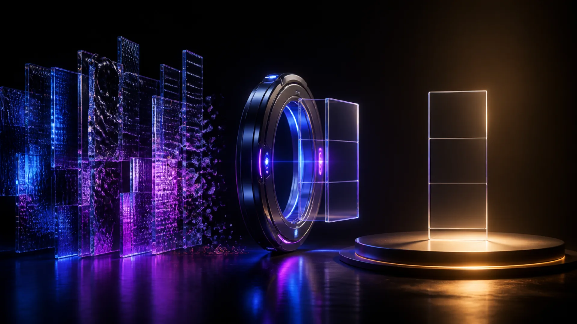 Stacked blue and purple glass panels sit beside a black ring lens and a glowing golden panel on a pedestal.