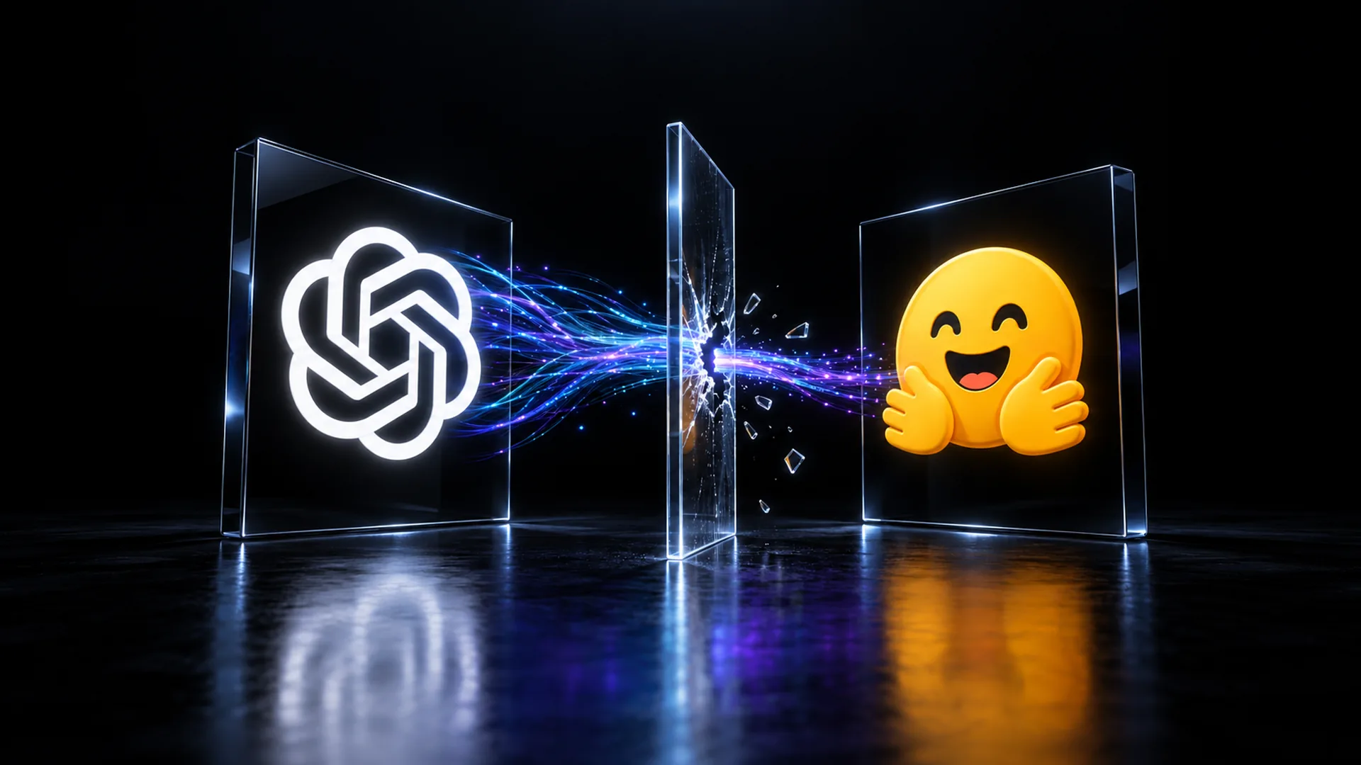 Blue and violet streams of light burst through a cracked glass pane between a white knot emblem and a yellow smiling face on a black reflective floor.