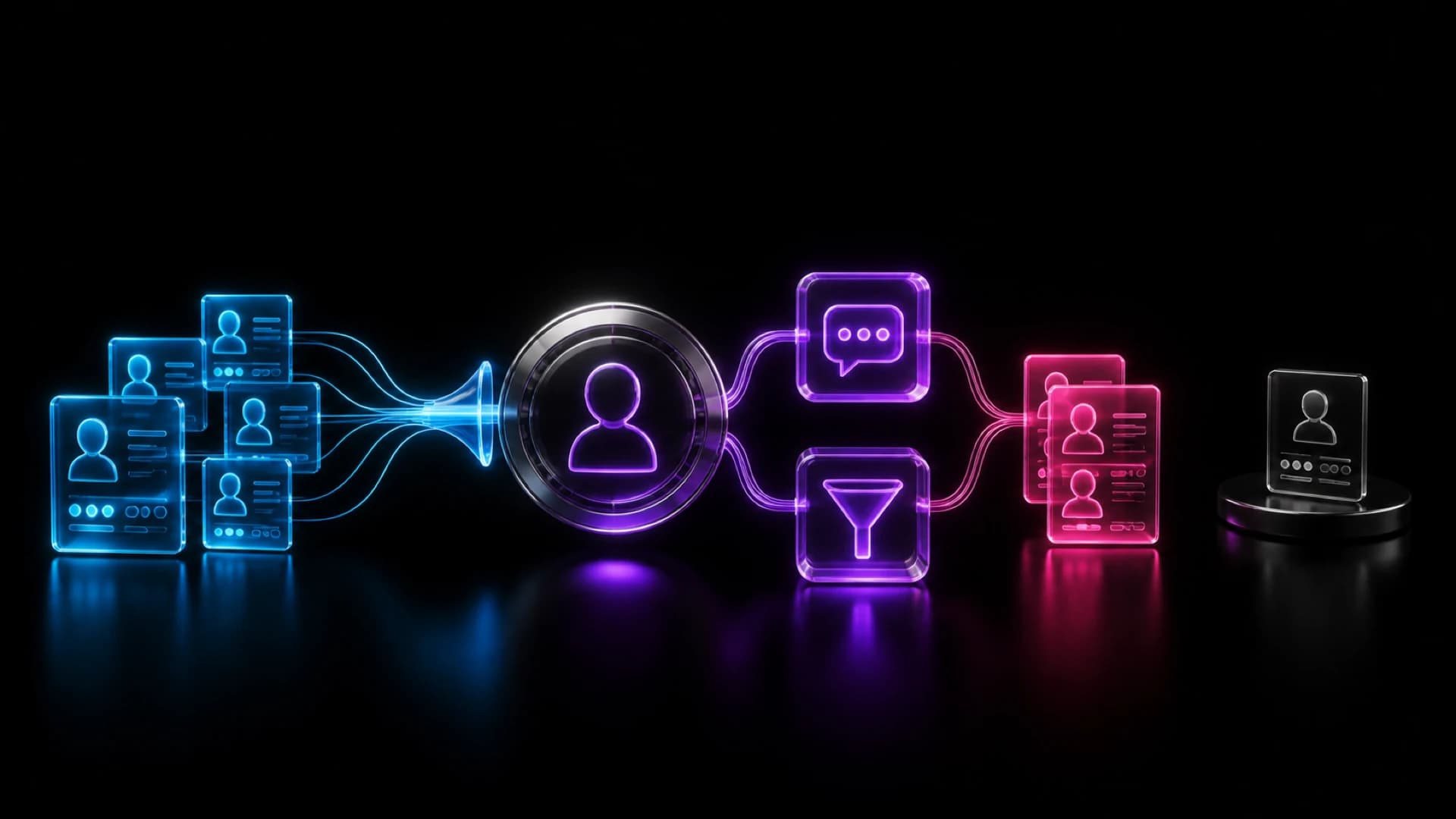 A funnel of blue resume cards narrows into a chrome ring holding a purple silhouette, then past a chat bubble and filter icon to a dark card on a pedestal
