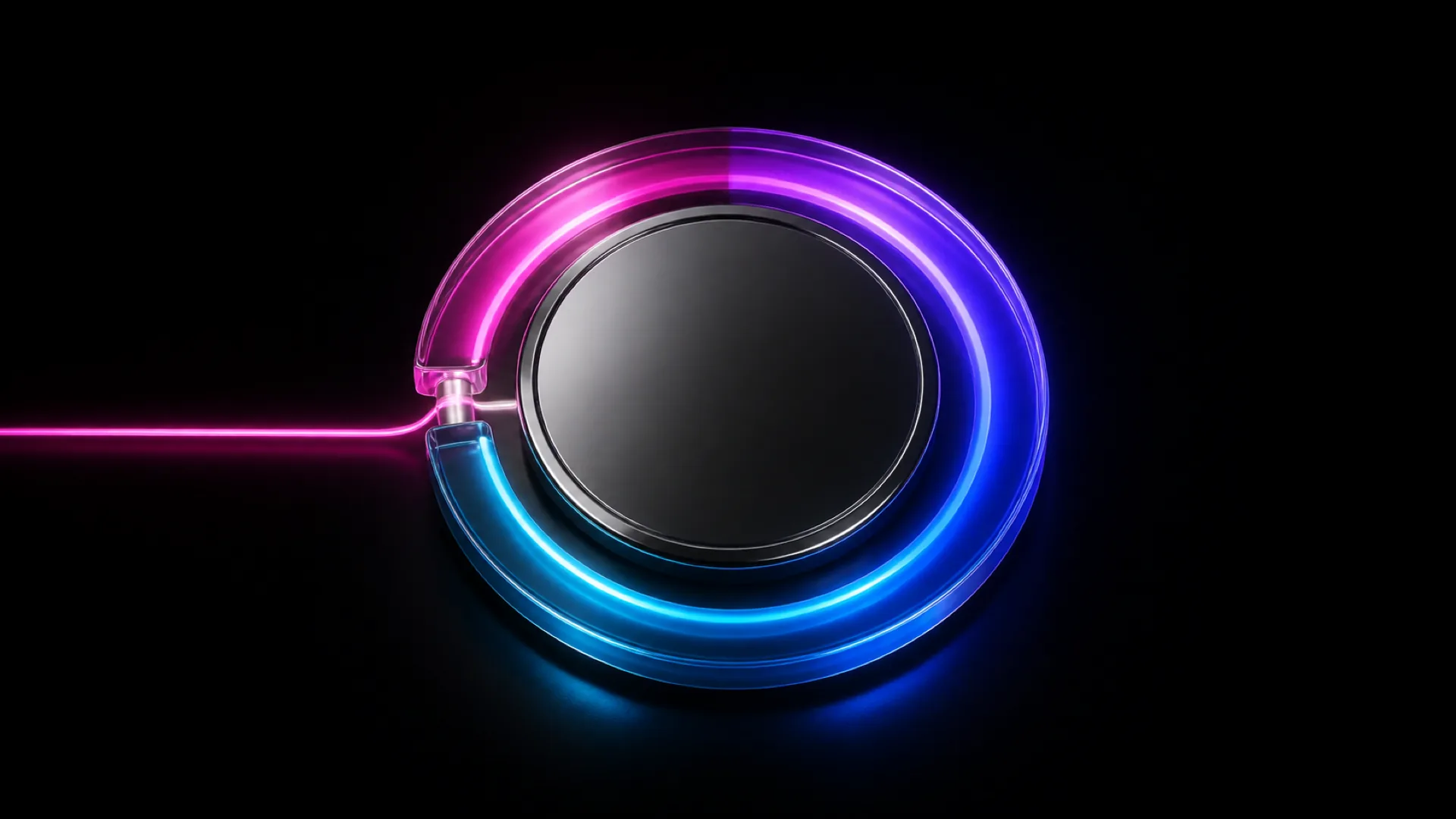 A glass ring split into magenta and blue halves surrounds a dark circular disc, with a glowing cable trailing left.