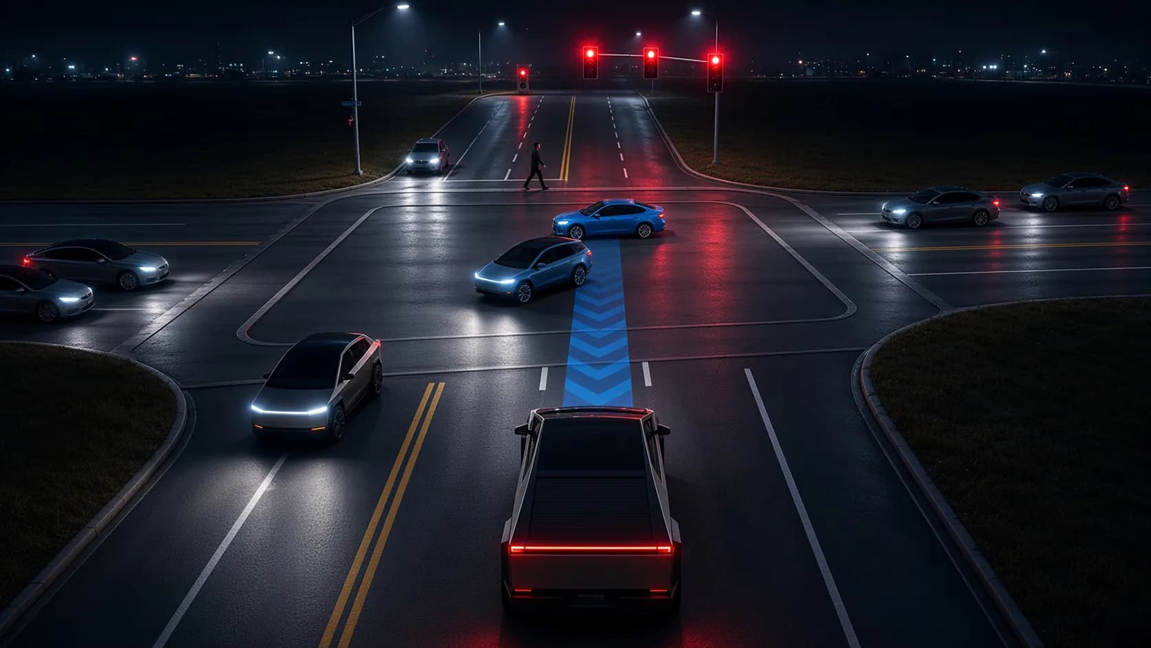 Night view of a wide crossroads with red traffic lights, cars waiting at each approach and a person crossing, while blue chevrons glow on the road ahead of a dark pickup truck.