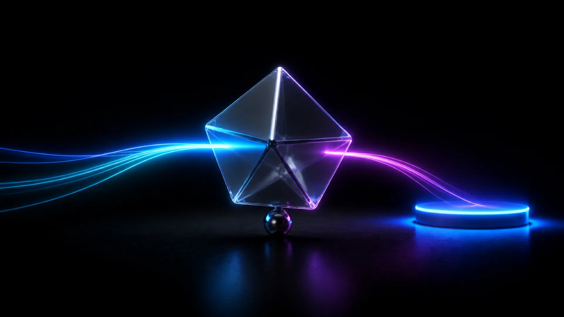 A glass polyhedron balanced on a dark sphere links a blue light trail to a purple glowing disc.