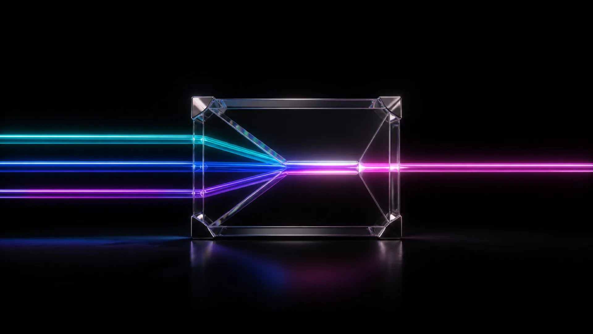 A glass block on a black surface refracts teal, blue and purple beams entering left, exiting pink on the right.