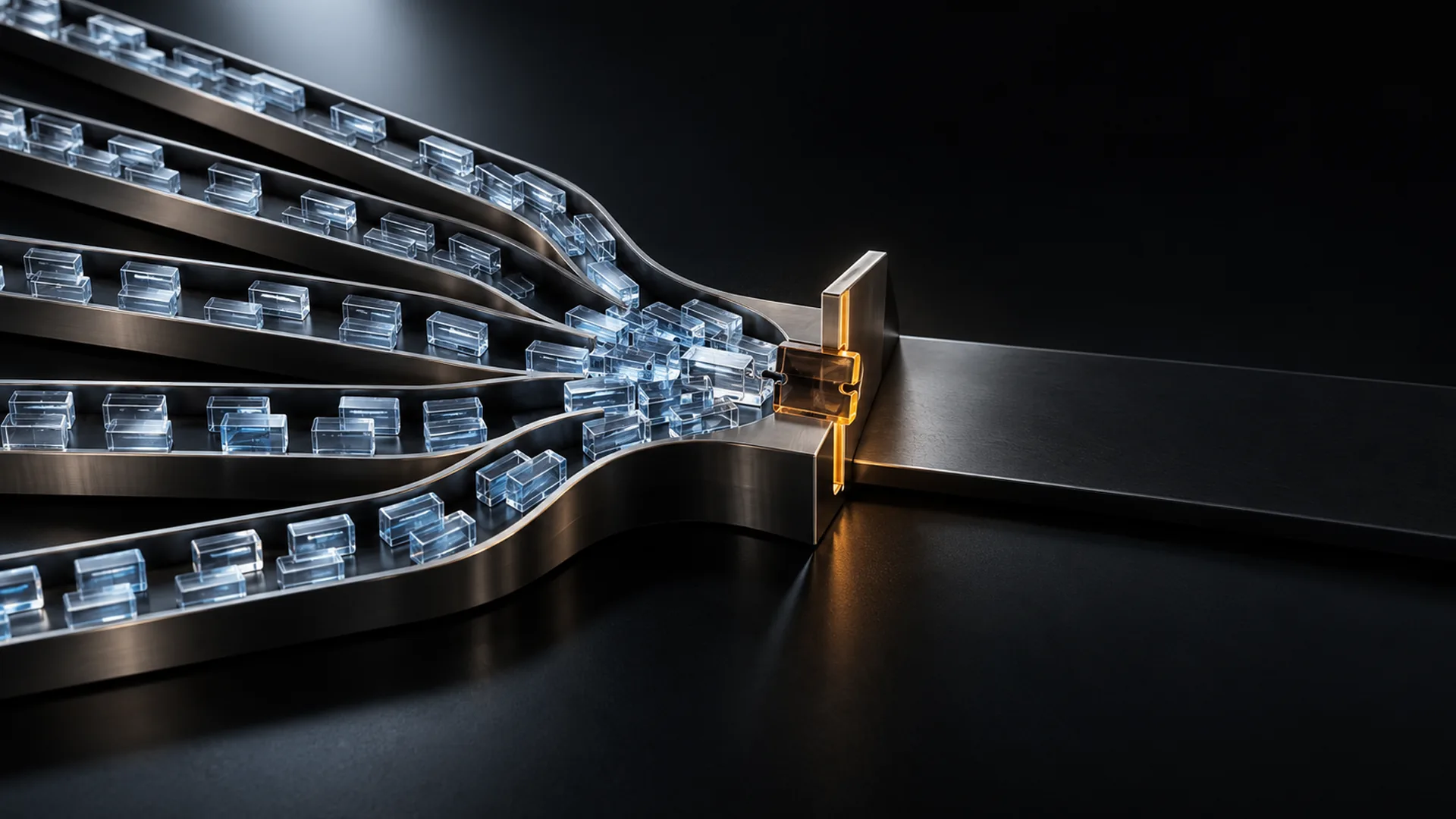 Five brushed metal tracks carry translucent blue blocks and merge into one channel, where a glowing amber gate on a dark reflective surface lets them through into a single lane.