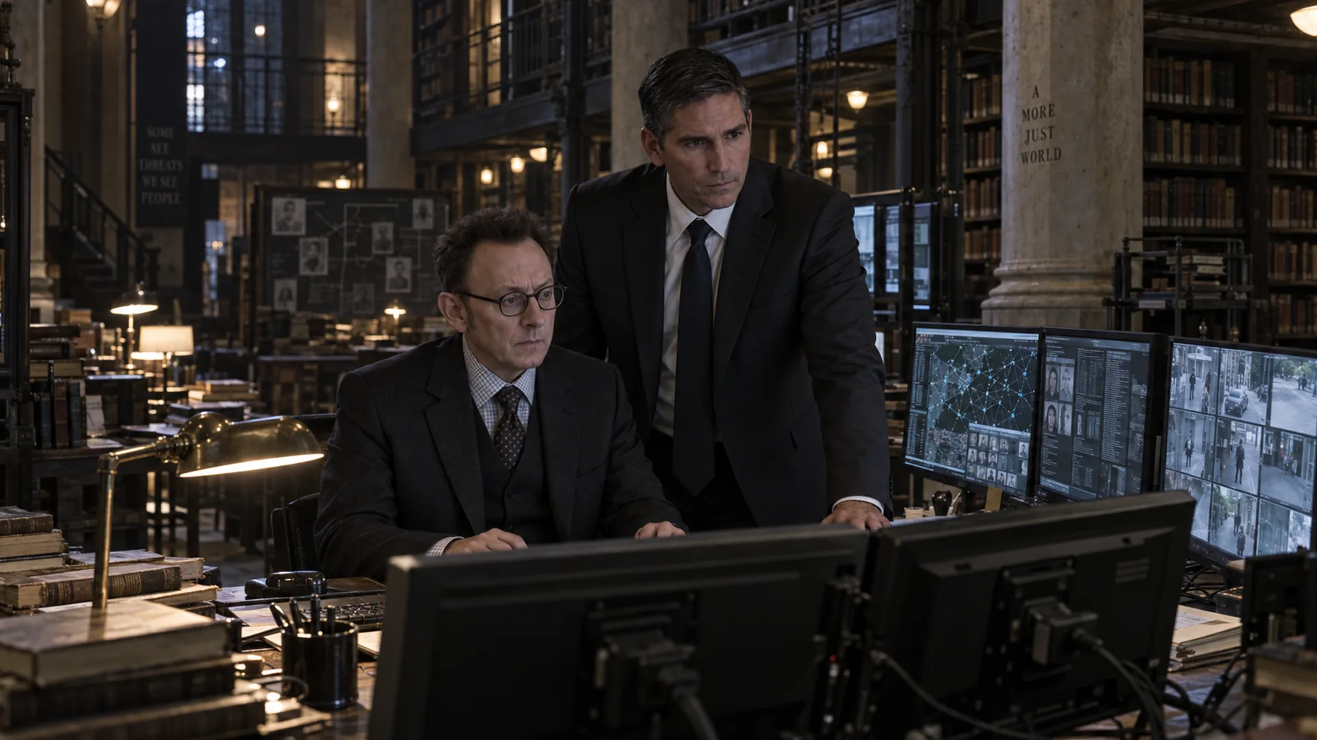 Two people in suits at a desk of monitors showing faces and a network map, in a dim library, the wall reading SOME SEE THREATS WE SEE PEOPLE.
