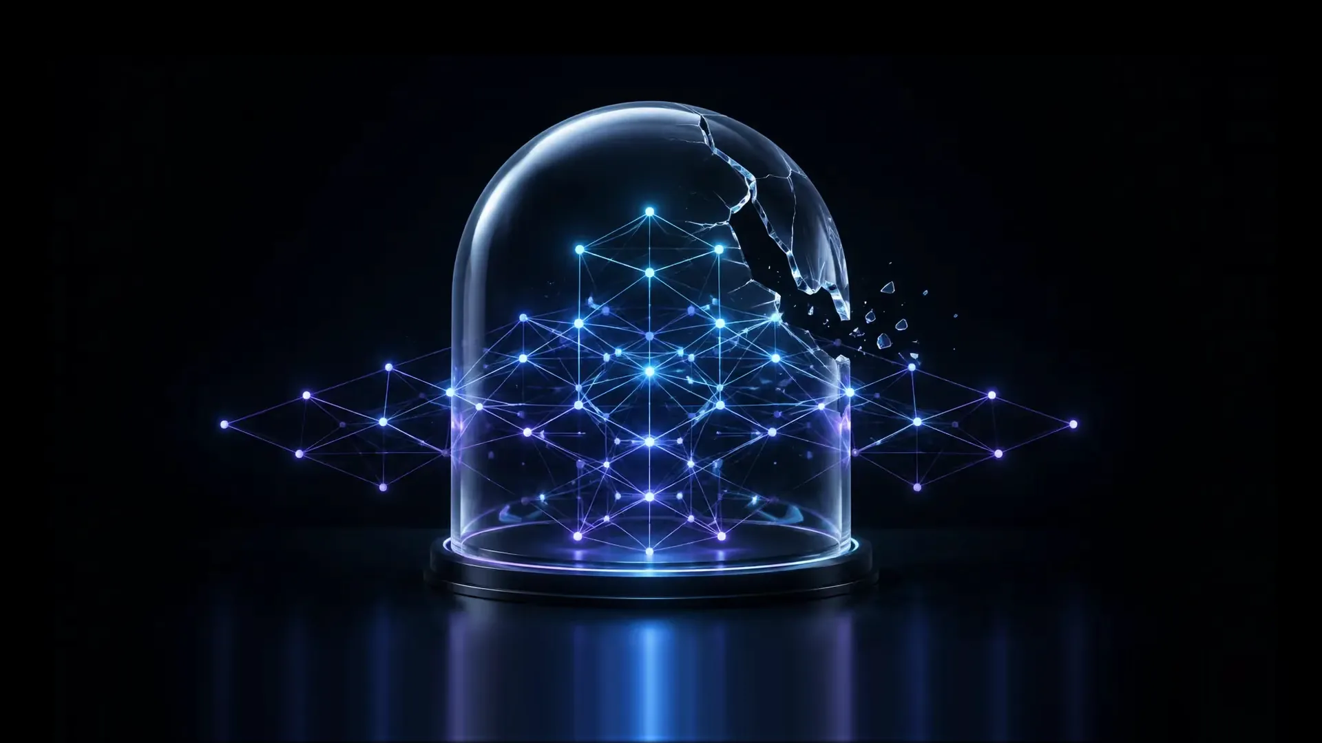 A glass bell jar on a black base holds a glowing blue lattice of connected nodes, the dome cracked open on the right with shards flying as the network spreads out beyond it.