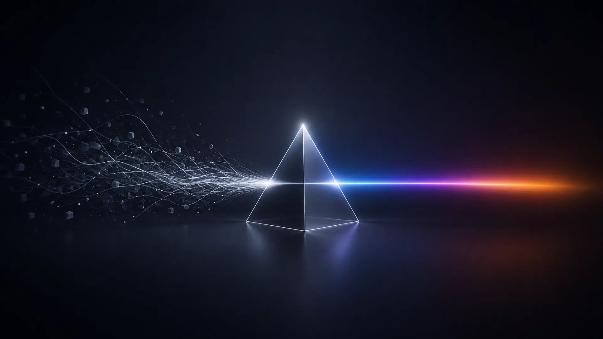 Glass prism glowing on a dark reflective floor, tangled white filaments and scattered particles streaming into its left face and leaving the right side as one straight beam of blue, violet and orange light.