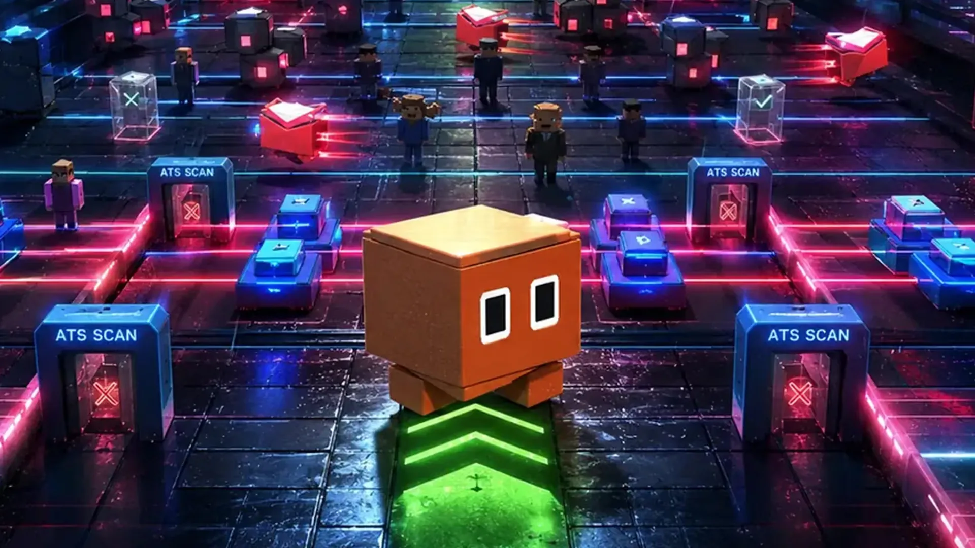 A blocky orange cube character stands on a neon grid floor between blue archways labeled "ATS SCAN" marked with red X symbols, green arrows lighting its path, tiny voxel figures behind.
