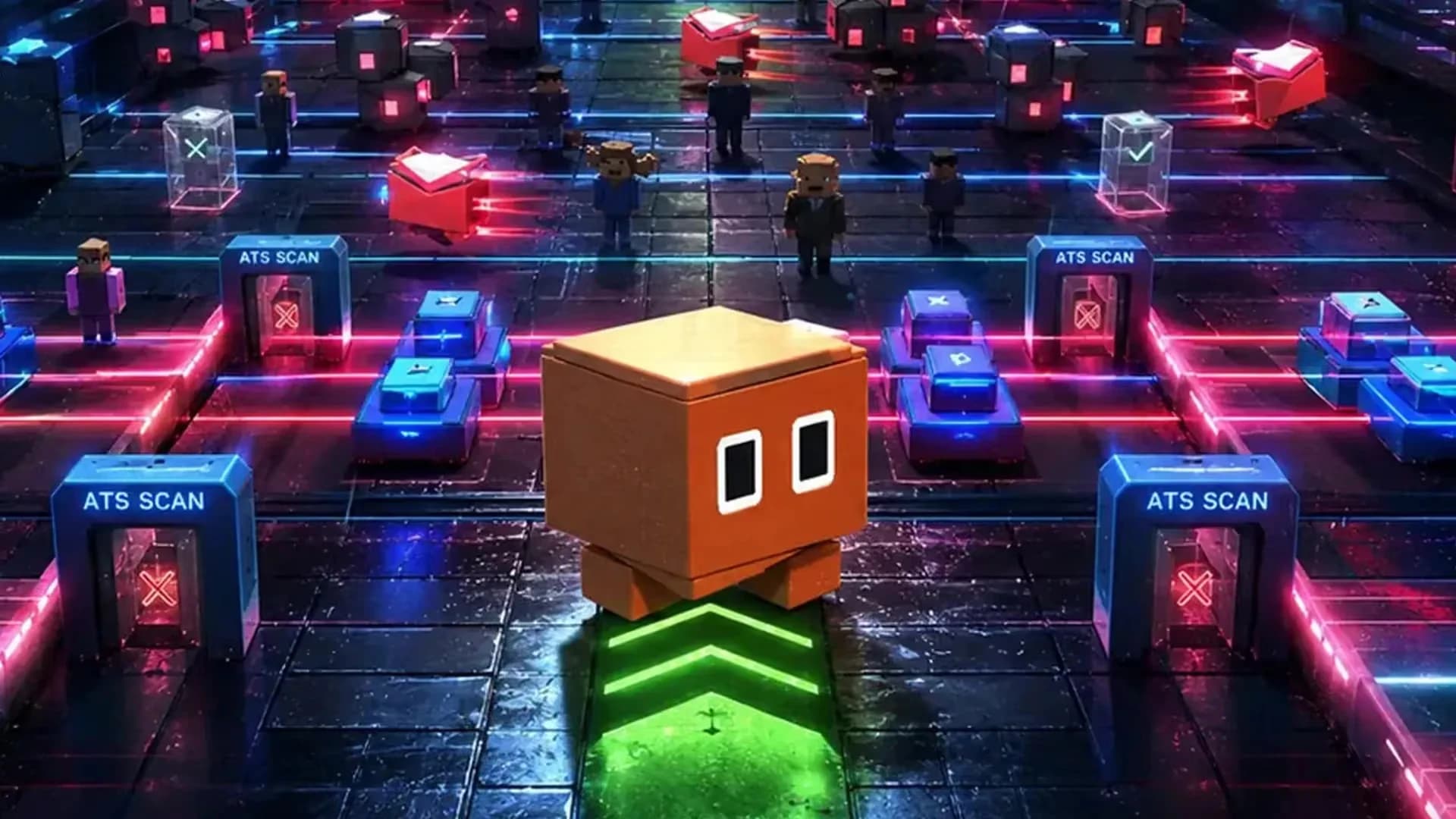 A blocky orange cube character stands on a neon grid floor between blue archways labeled "ATS SCAN" marked with red X symbols, green arrows lighting its path, tiny voxel figures behind.