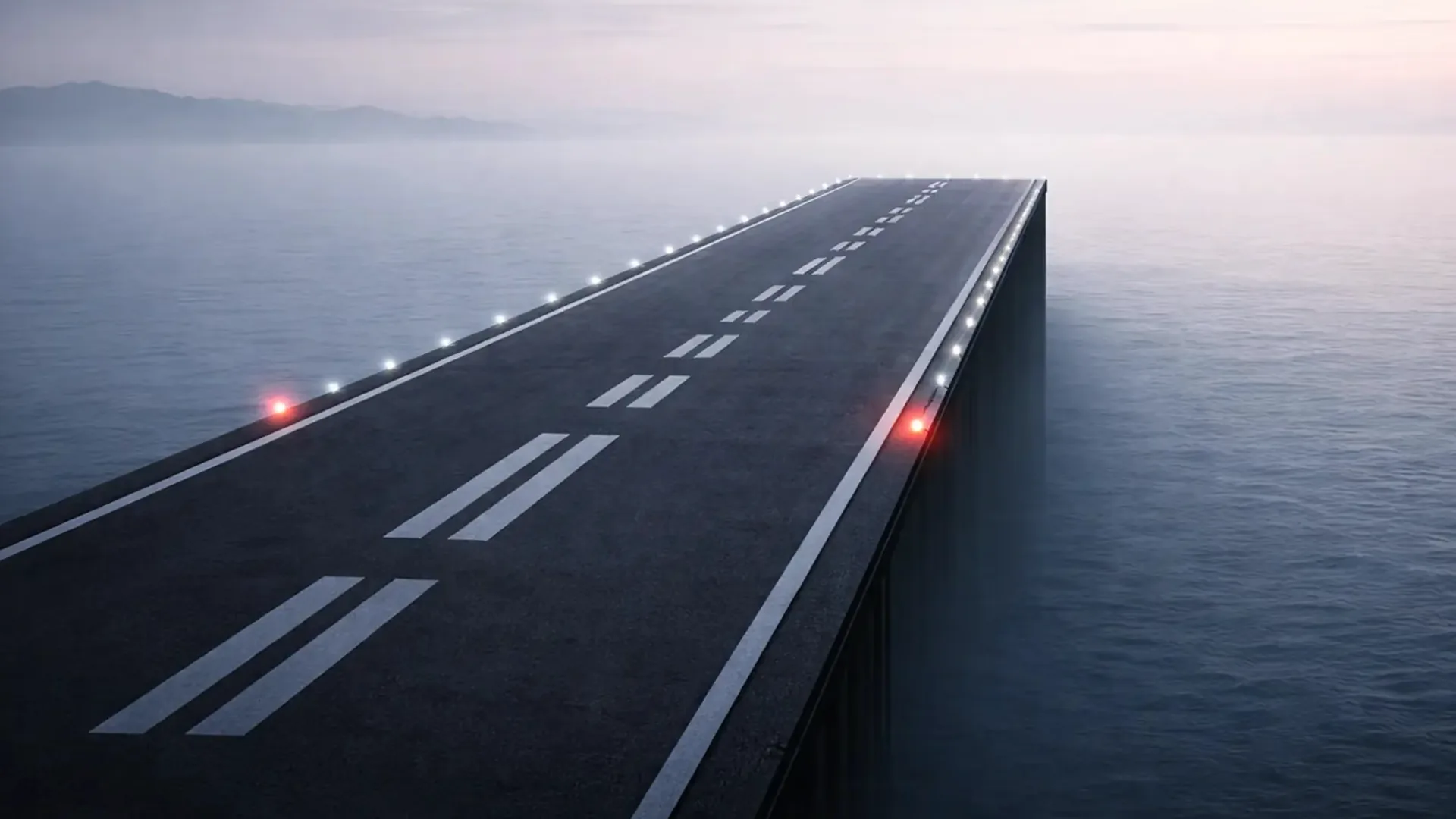 A dark asphalt runway with white edge lights and two red lights stretches across calm grey water and stops abruptly in open sea, with misty mountains on the horizon.