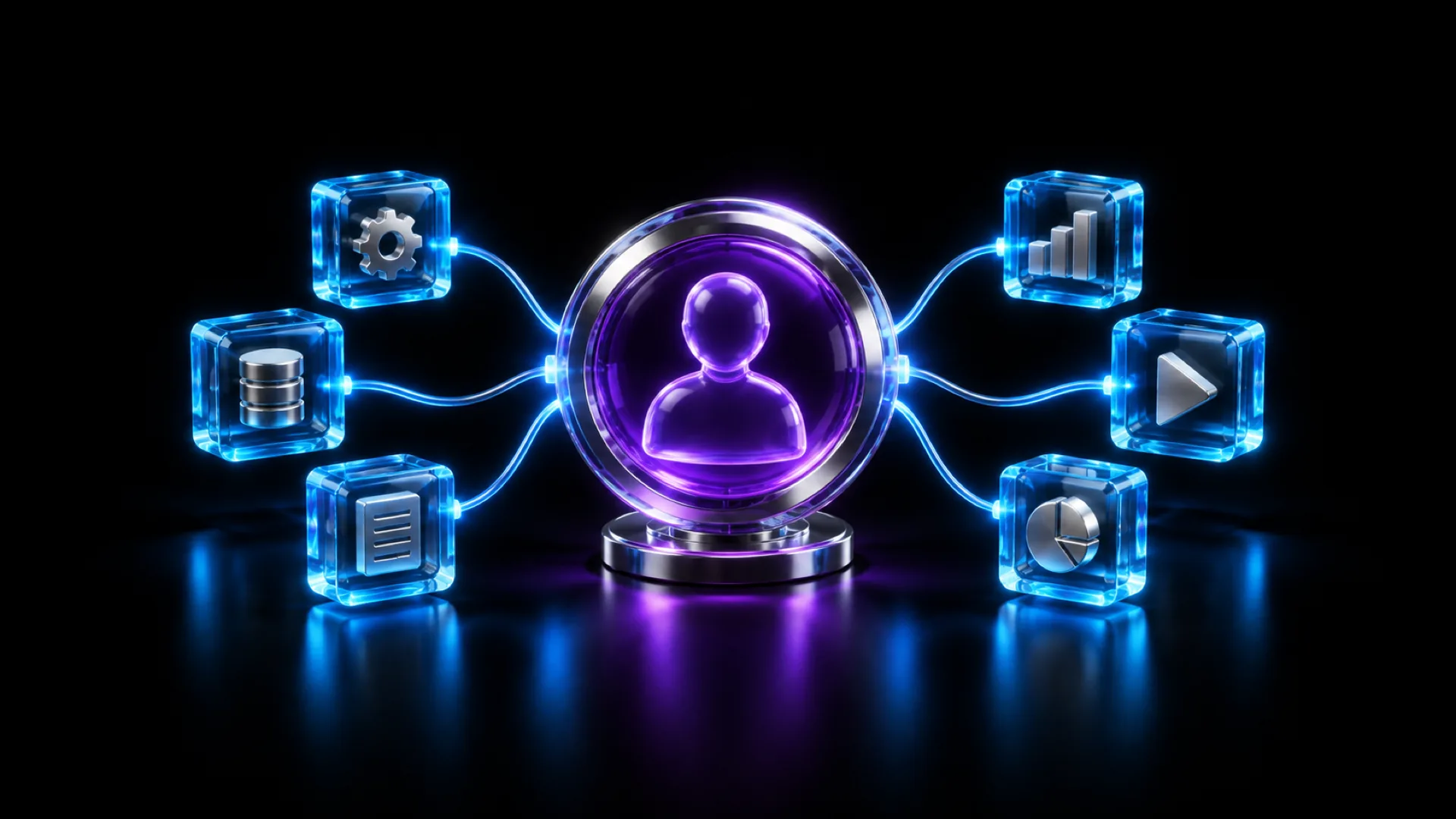 A glowing purple circular emblem holding a humanoid silhouette connects by lines to six glass icons representing data and charts.