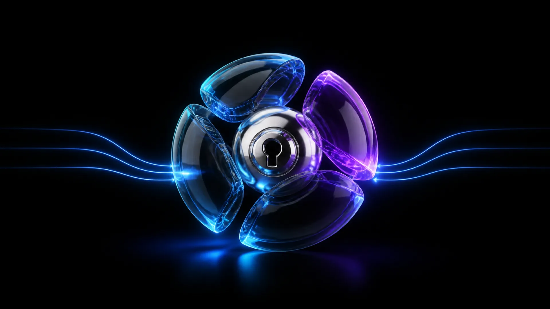 A silver keyhole sphere sits amid four curved glass blades in blue and purple, with glowing trails extending sideways.