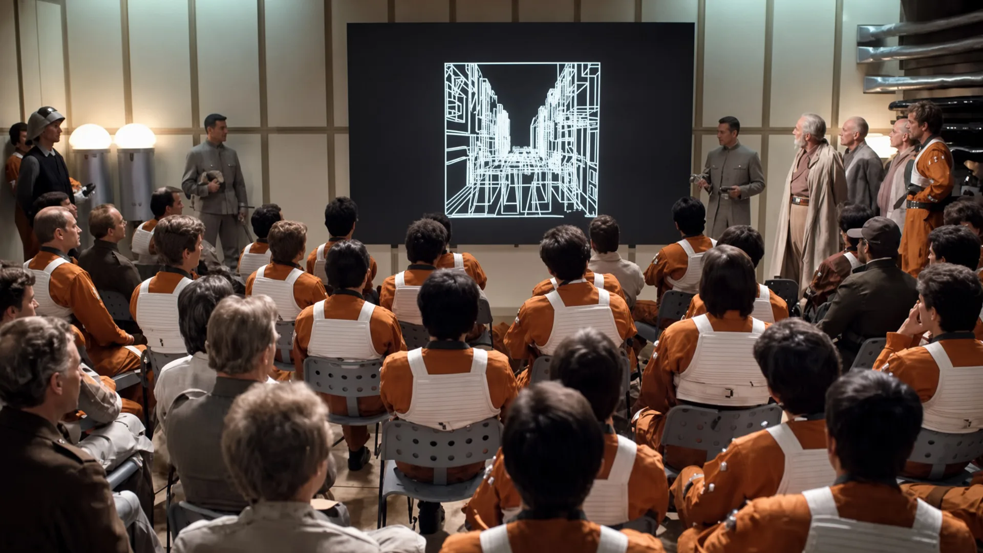 A briefing room where dozens of people in orange flight suits with white chest harnesses sit facing a large dark screen showing a white wireframe diagram of a trench between blocky structures, uniformed officers standing at either side.