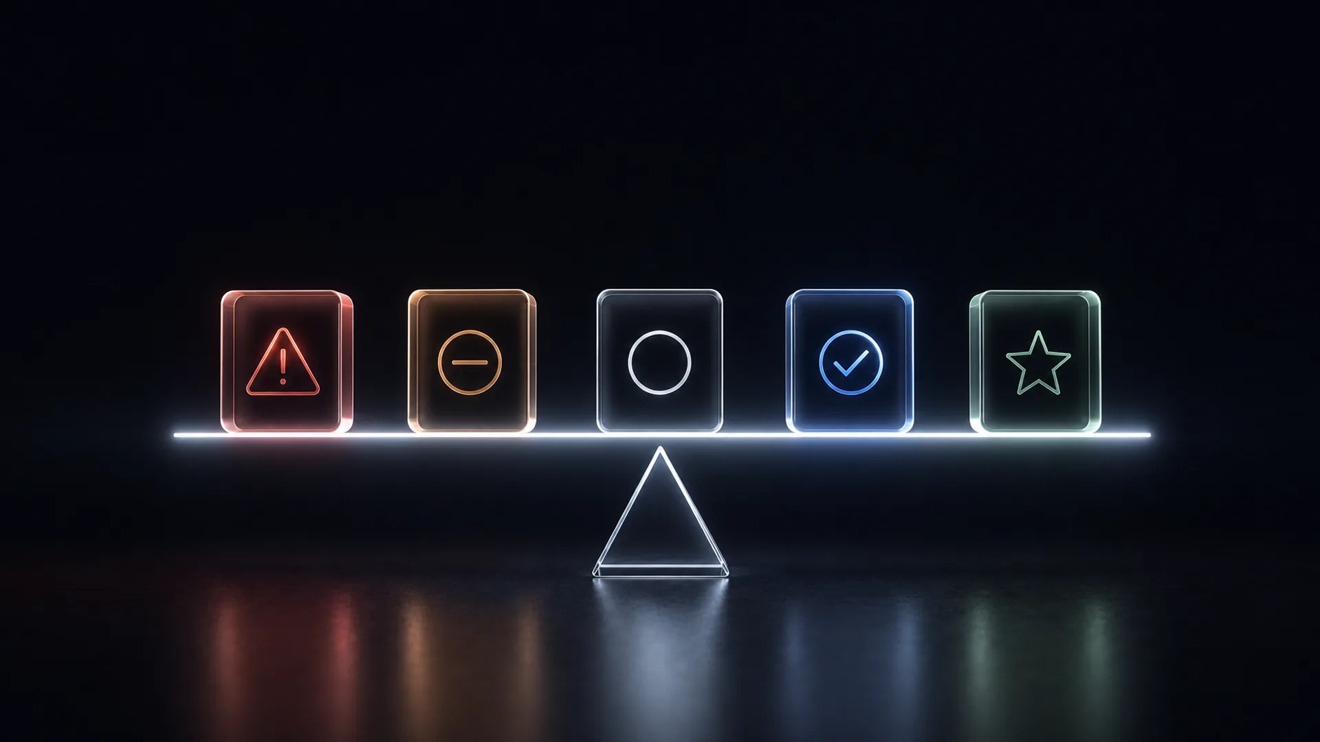 Five glass tiles balance on a glowing bar over a wireframe triangle, carrying a red warning triangle, an orange minus, a plain white circle, a blue check mark, and a green star.