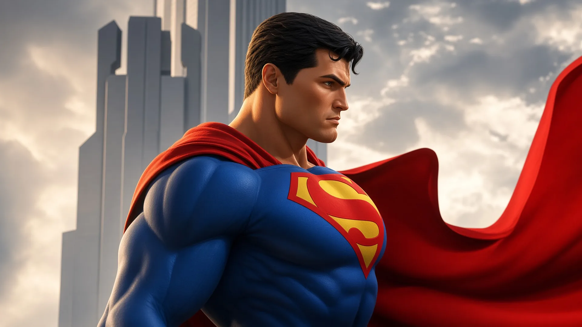 A muscular figure in a blue suit with a red and yellow shield emblem on the chest and a billowing red cape looks off to the right, a grey skyscraper and cloudy sky behind.