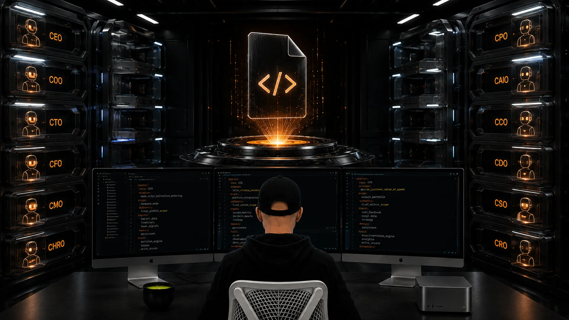 A hooded figure faces three monitors of config text below a glowing code document, between server racks labeled CEO, CFO, CTO.
