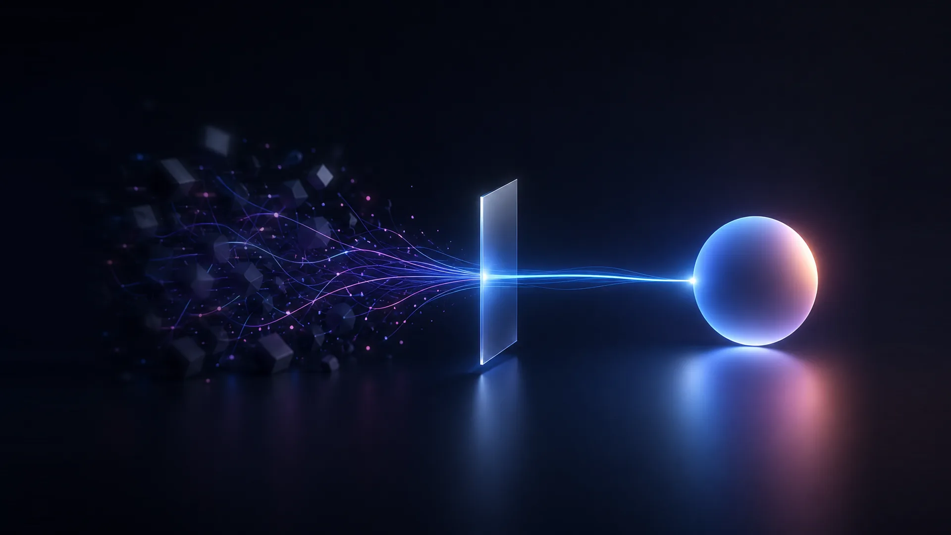 A cloud of dark cubes and thin blue and violet light threads flows in from the left, converging to a bright point at an upright glass panel, then a single beam runs on to a glowing sphere.