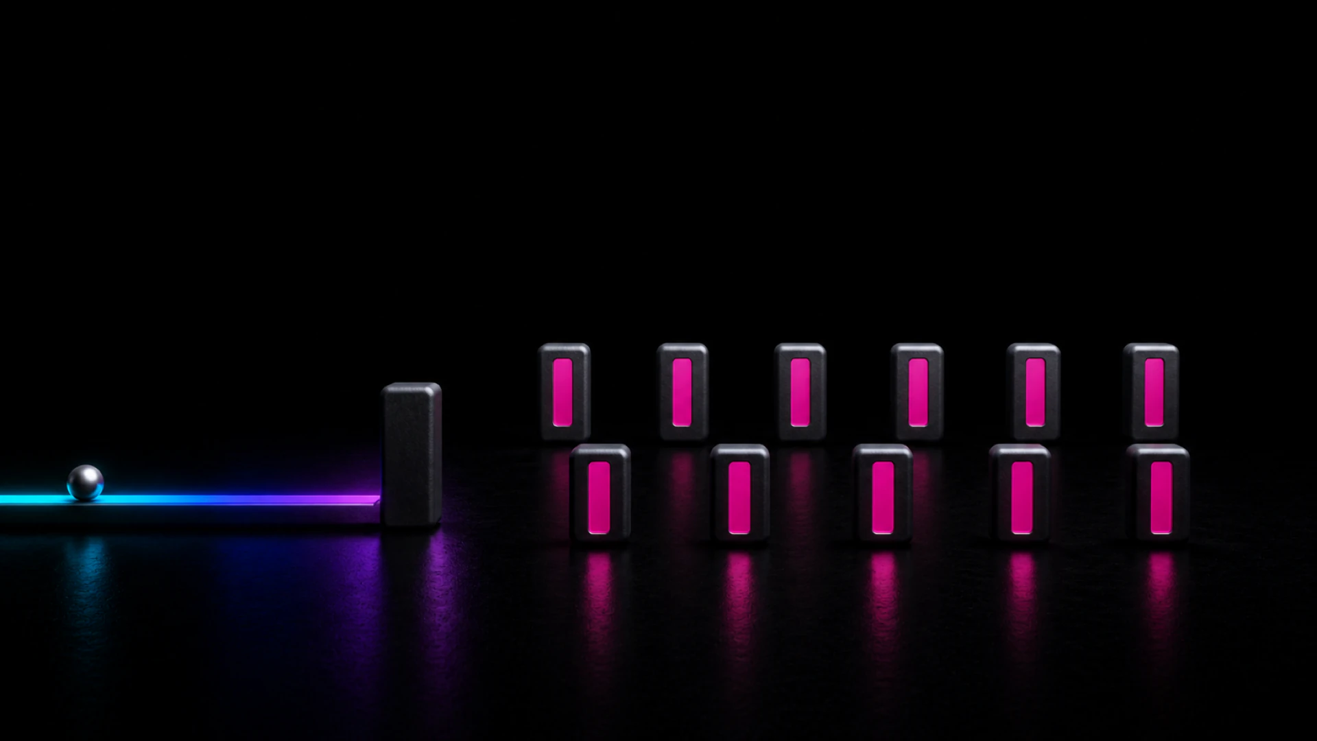 A steel ball on a glowing blue track faces a single upright domino, with rows of pink glowing dominoes beyond.