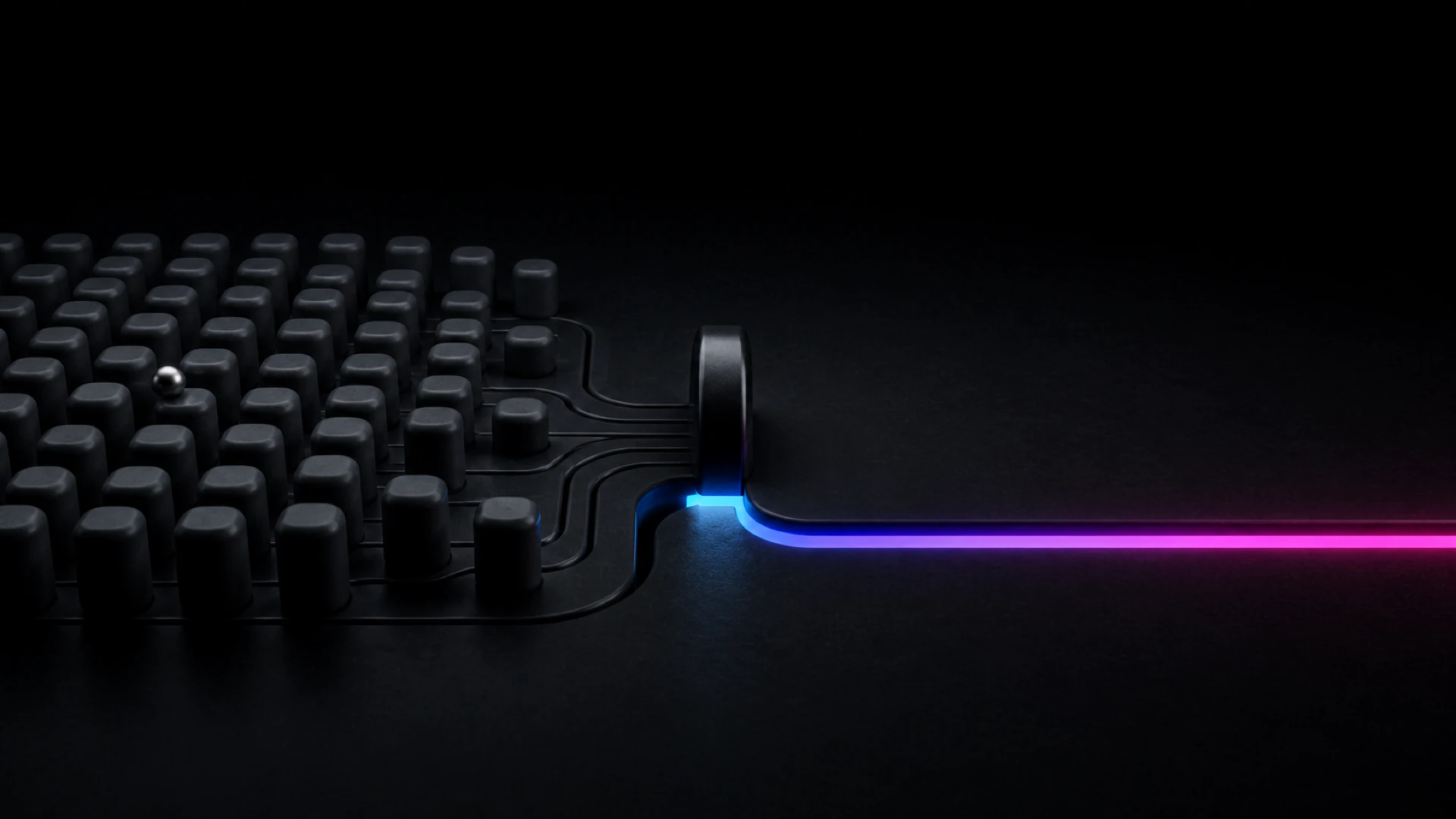 A steel ball sits in a field of dark pegs whose channels merge through a ring into one glowing blue and pink line.