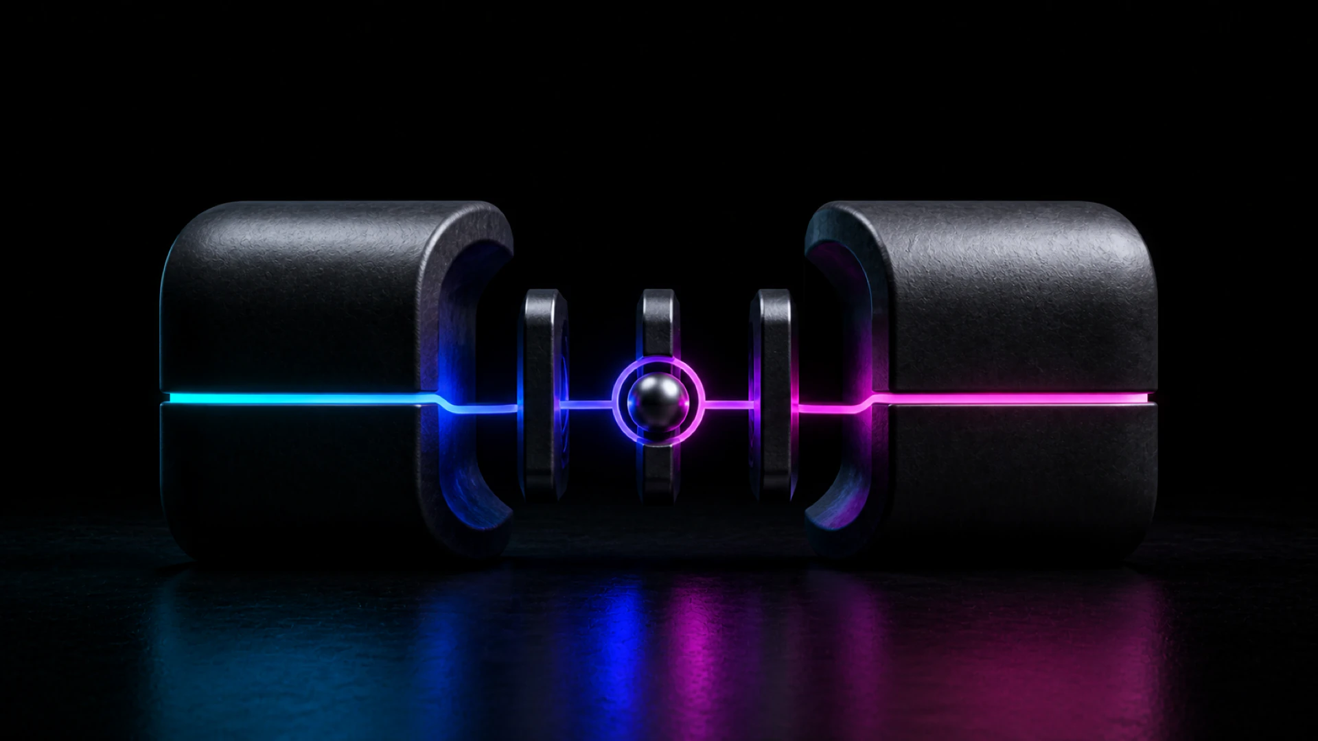 A chrome sphere held between two rounded black blocks, on a neon line glowing blue on one side and pink on the other.