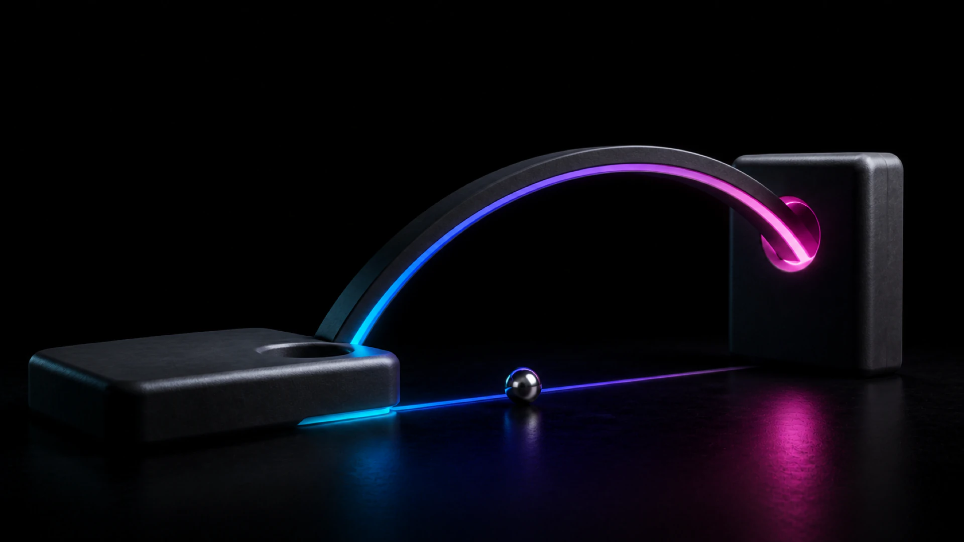 A neon arch glows from blue to pink between two dark blocks while a steel ball rests on the floor beneath it.