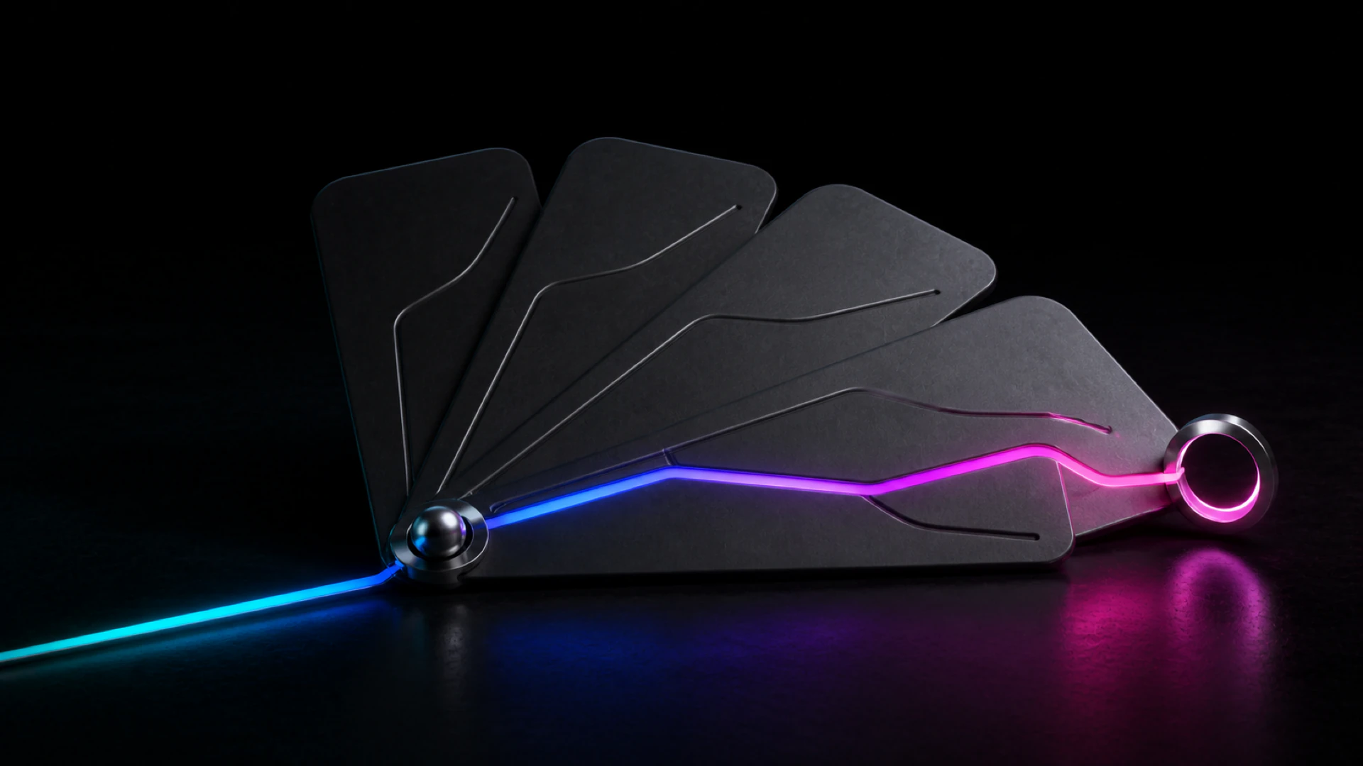 Four dark panels fan out from a steel ball pivot, with a neon line running from blue to a glowing pink ring.