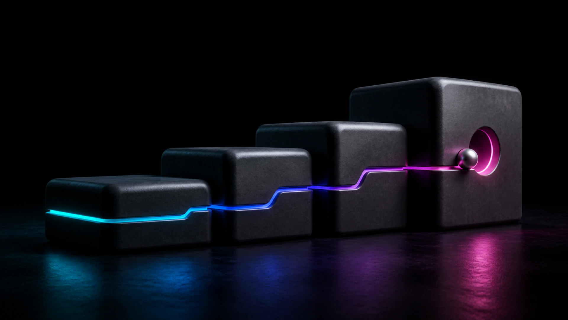 A glowing seam climbs four ascending black blocks from cyan to pink, ending at a steel ball in a lit circular opening.