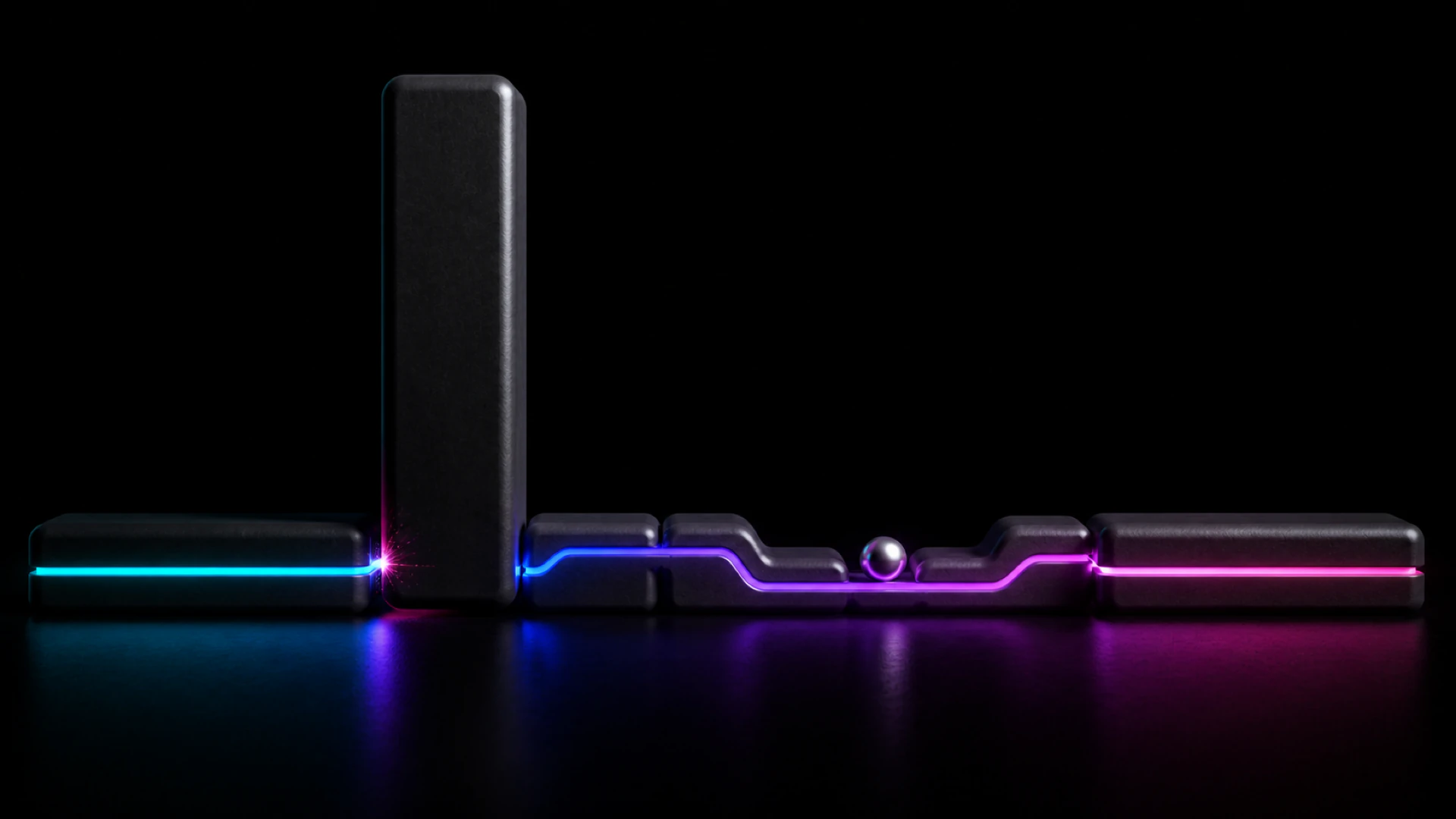 A glowing line crosses a row of low blocks, sparking against a tall upright slab, with a steel ball resting midway.