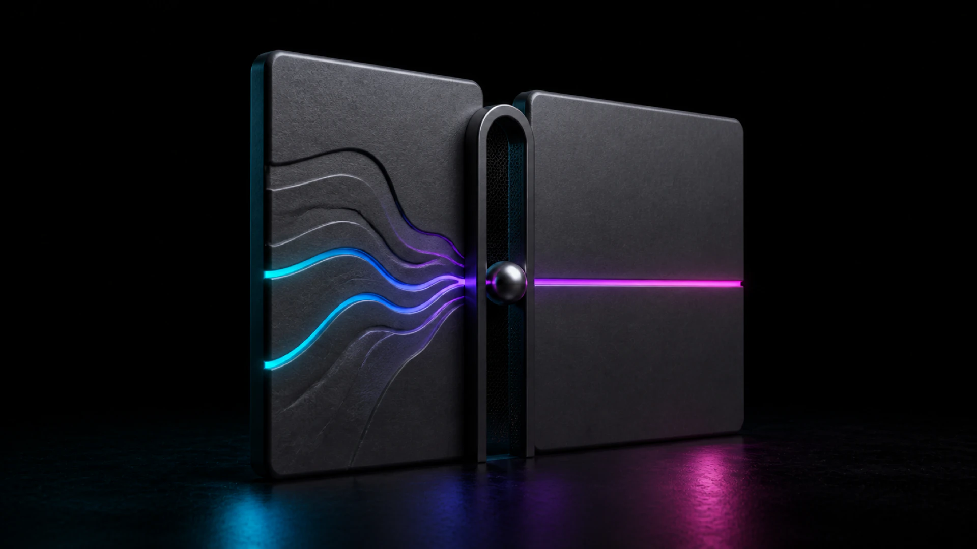 Wavy glowing lines cross a carved dark slab, converge at a steel sphere, and leave as one straight pink line.