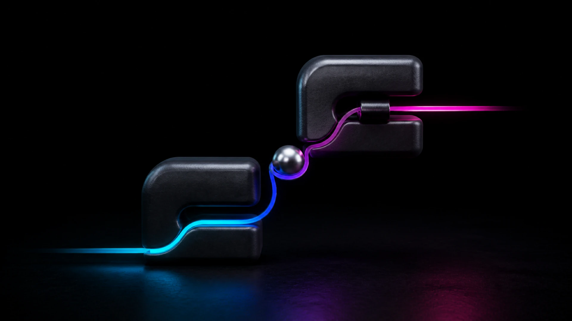 A neon line snakes between two interlocking dark blocks, pinching a chrome sphere where blue light turns to pink.
