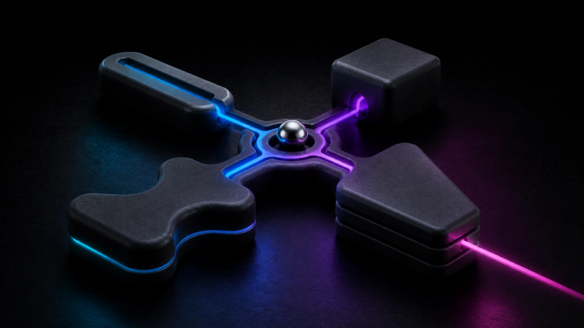 Four differently shaped dark blocks surround a chrome sphere hub, linked by glowing blue and purple channels.