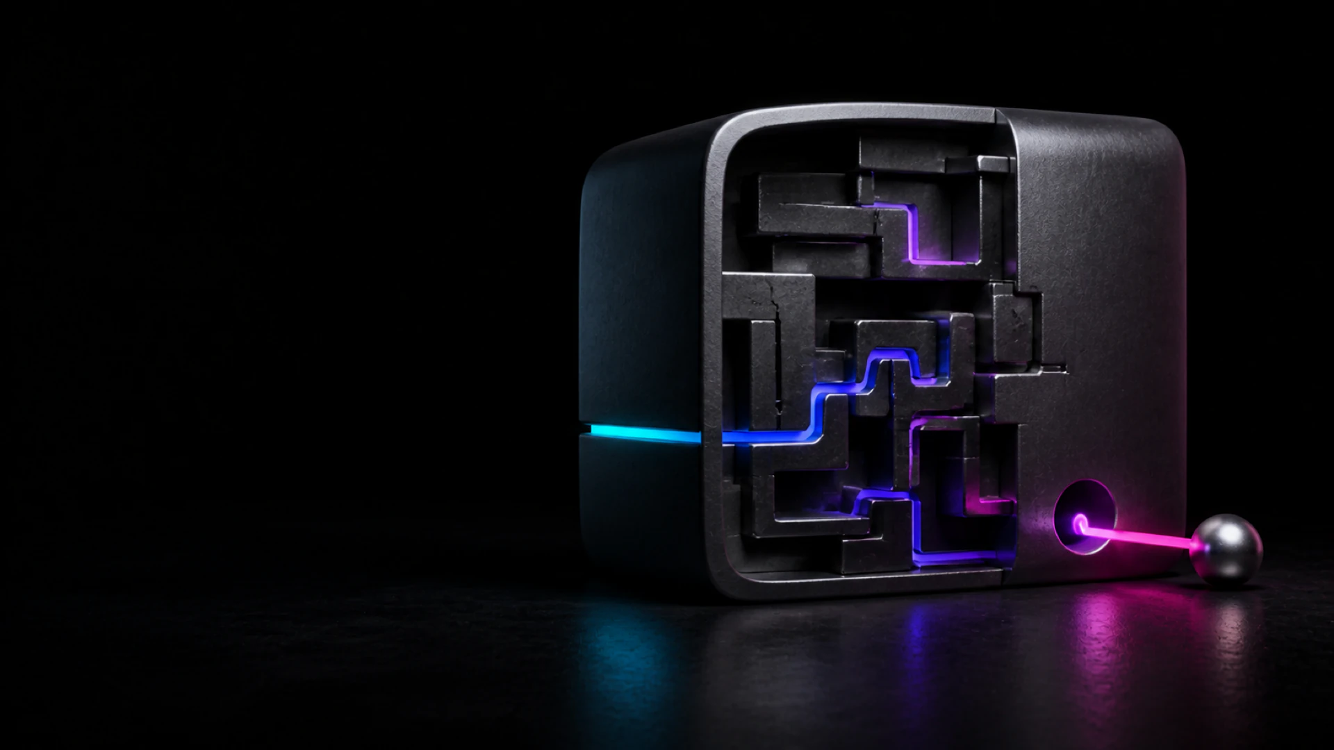 A glowing path threads a maze inside an open dark cube and exits through a round hole to reach a steel ball.