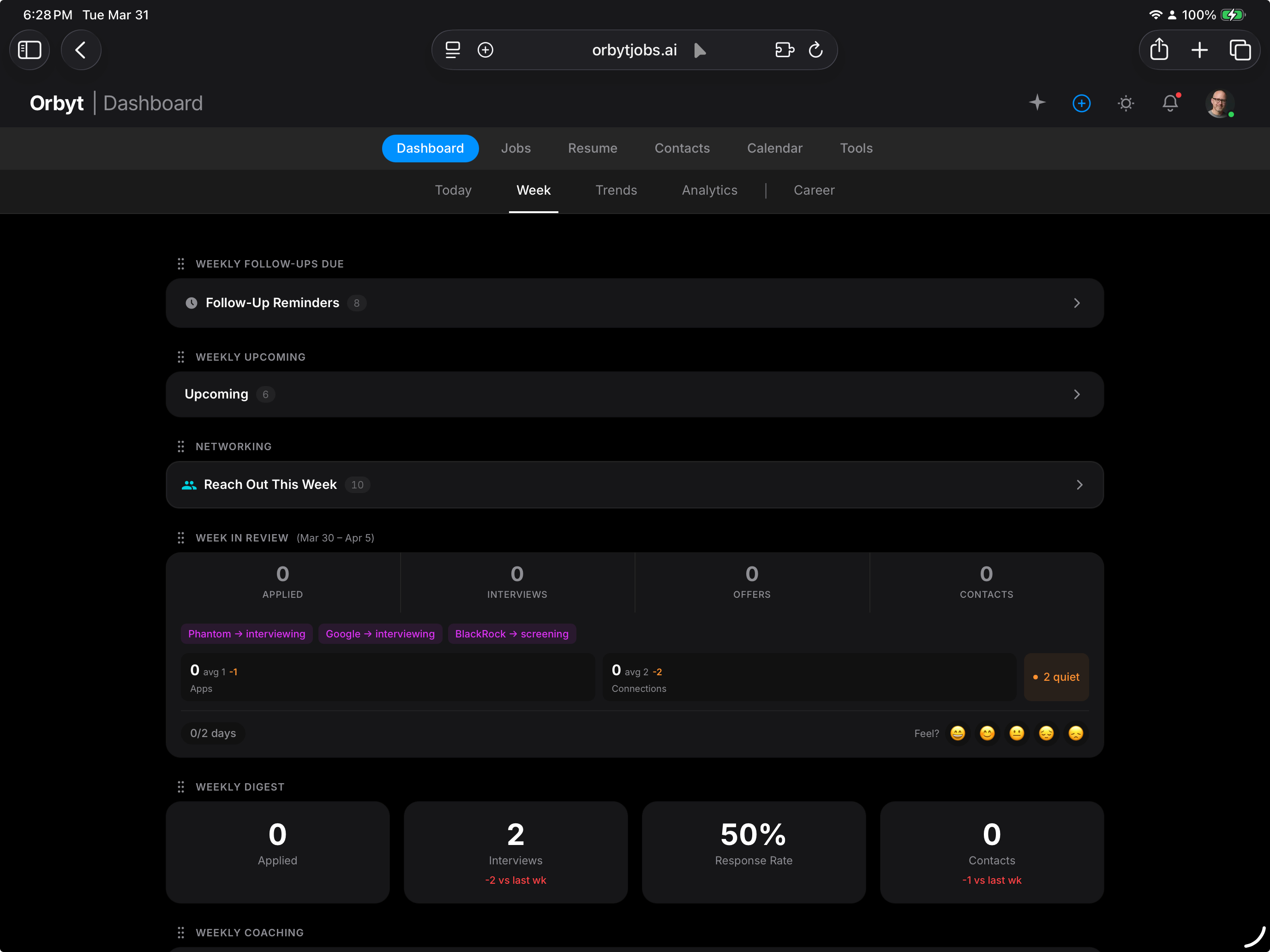 Orbyt dashboard Week tab showing weekly follow-ups, upcoming events, and weekly digest stats