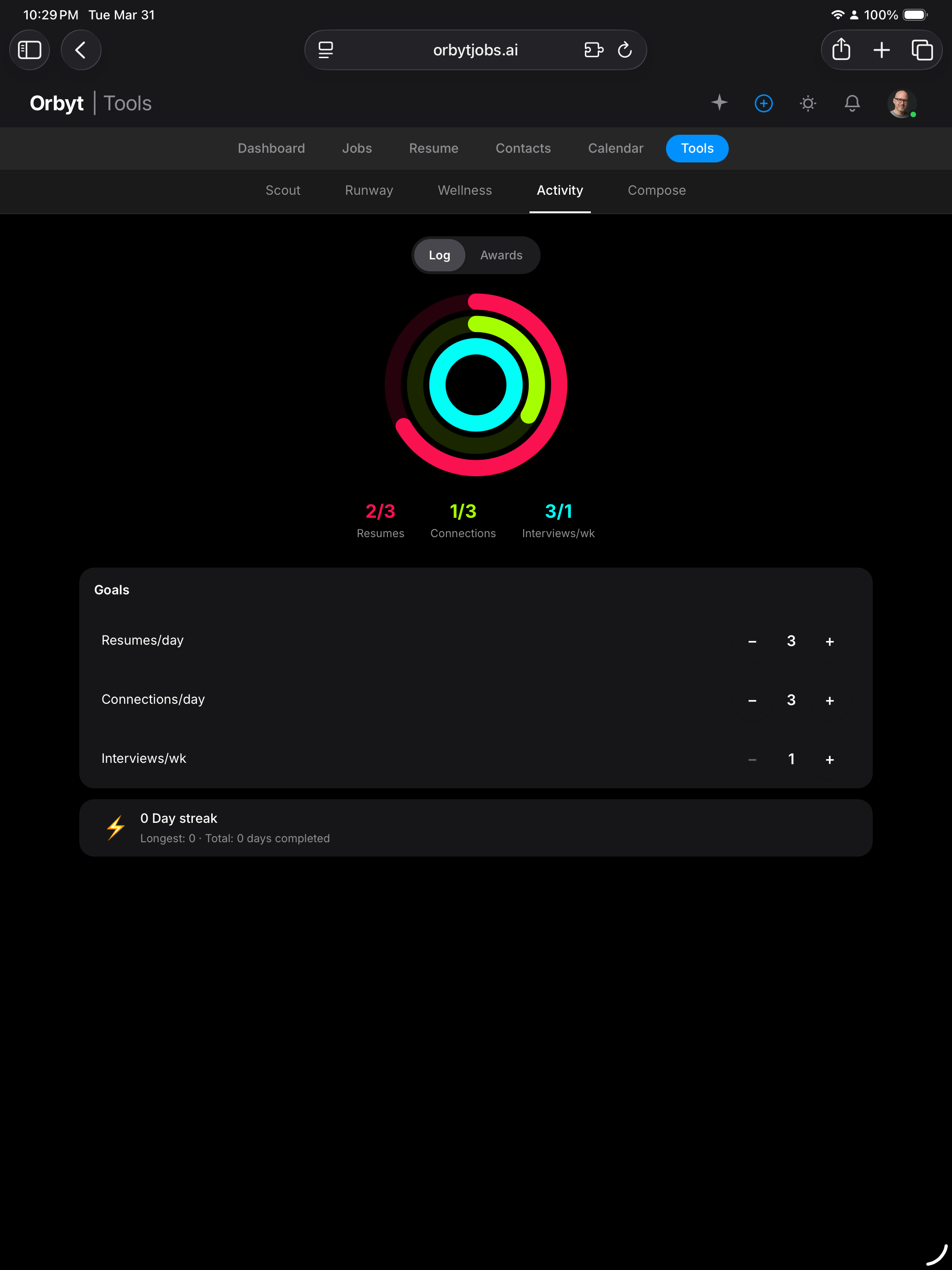 Orbyt job search goals dashboard showing daily targets, streaks, and achievement badges