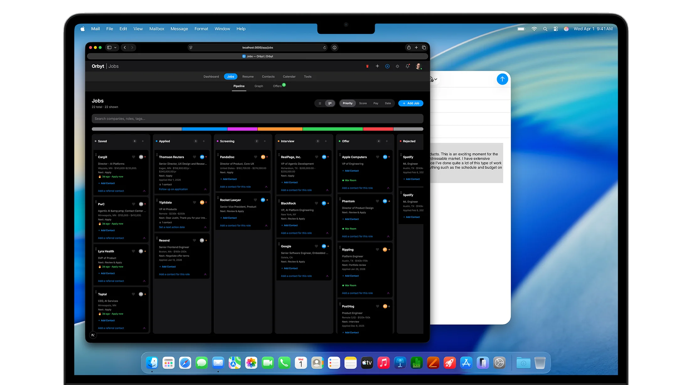 Orbyt job pipeline tracker showing applications organized by stage
